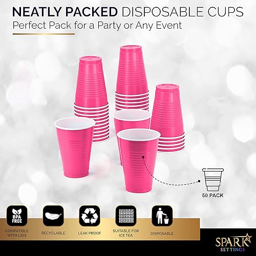 Miniatura 4 de Amcrate Vasos de plástico desechables, vasos de plástico de color rosa brillante, vasos de plástico para fiestas de 12 onzas, vasos desechables