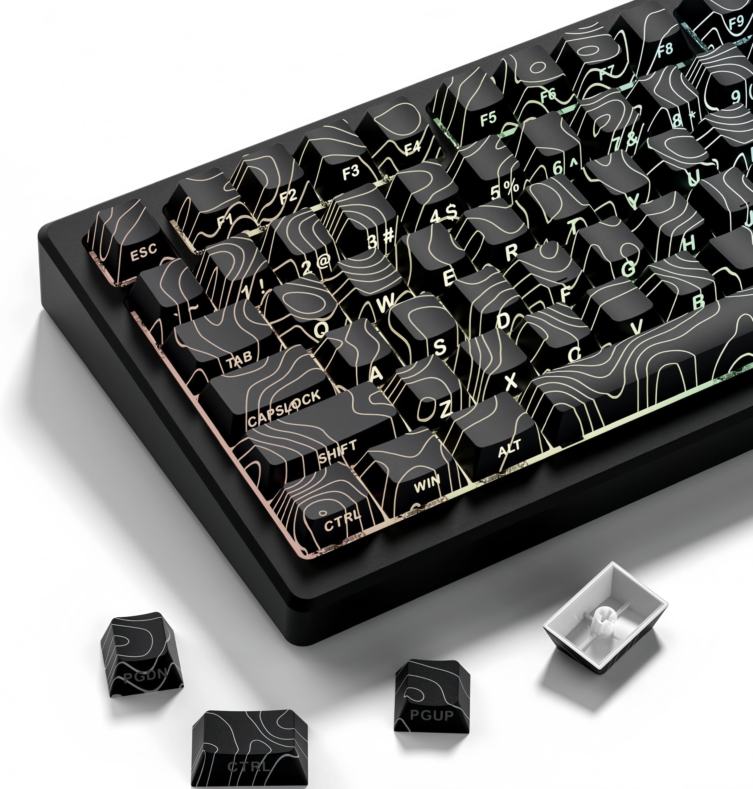 dagaladoo Double Shot PBT Keyboard keycaps Set,Black Topographic,Shine Through Custom keycap,Side Printed keycaps dye sub,Cherry Profile keycap for TKL US Layout Mechanical Keyboard(134keys)