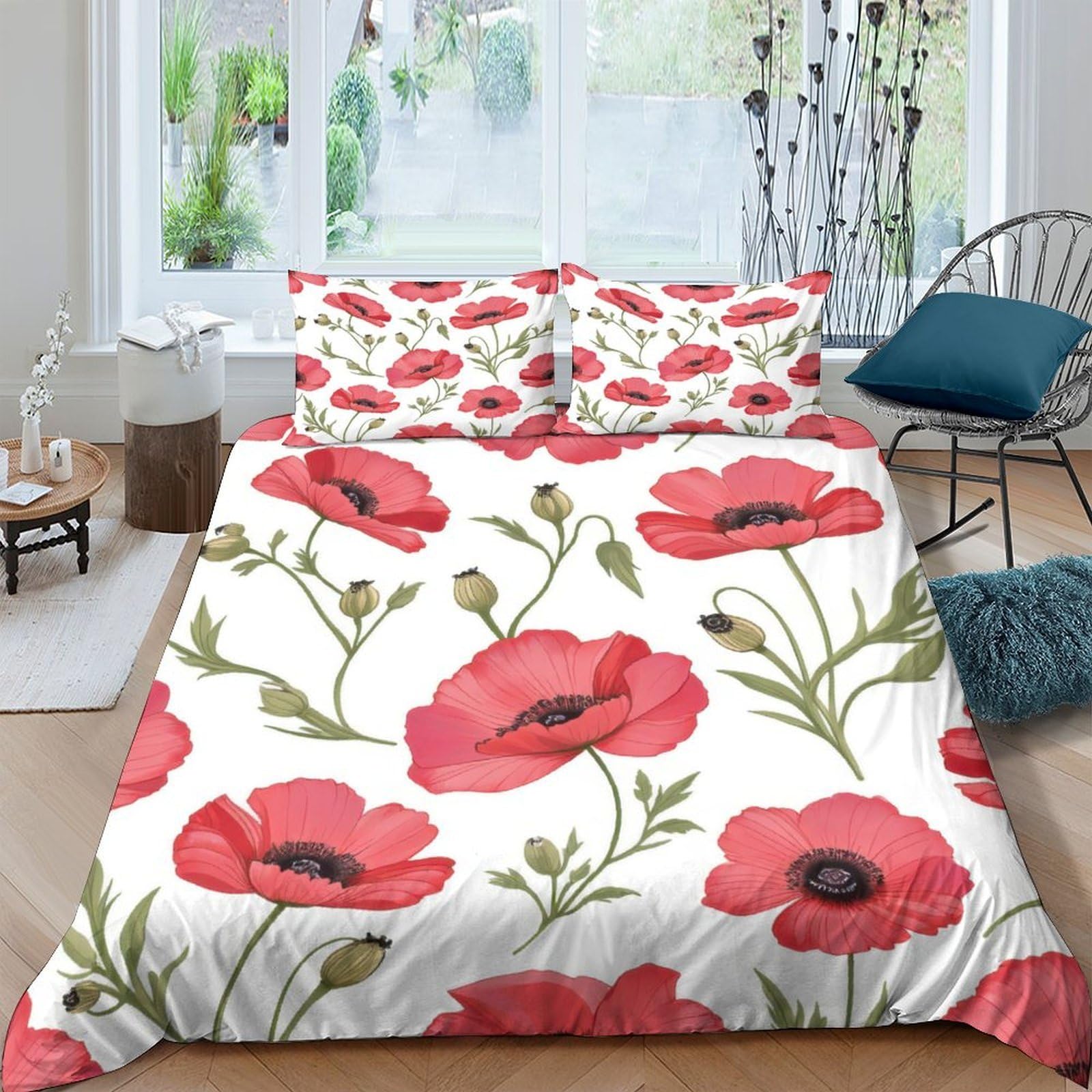 Ctjqhvkz Style-10 3D Printed Red Poppy Fitted Sheet Microfiber Soft Floral Bed Cover For Bedroom Guest Room Mattress Protection Decor Single（135X200cm）