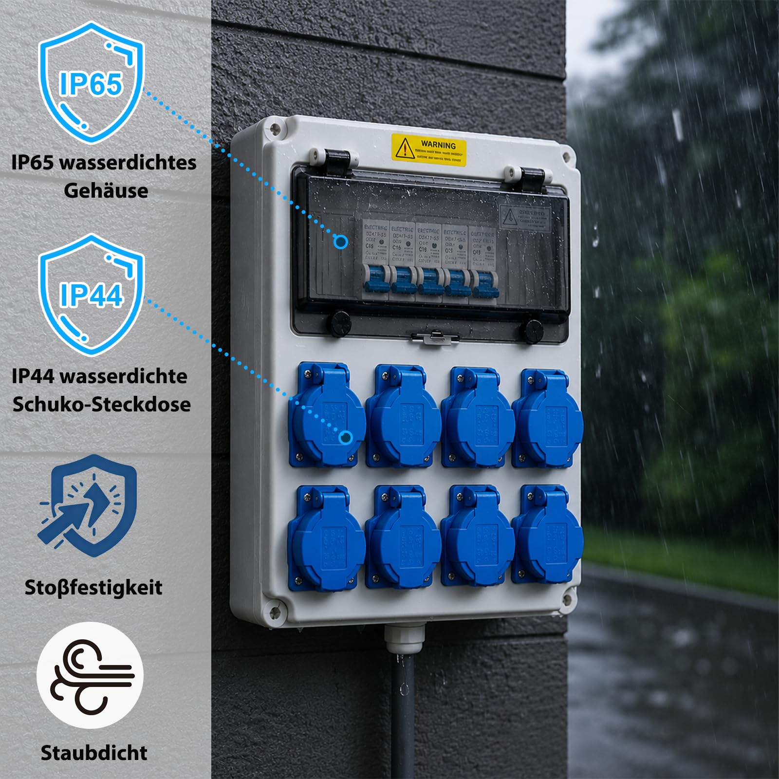 TEOV Baustromverteiler mit LS+FI, Wandverteiler 8x 230V Schuko Steckdosen, IP65/IP44 Wasserdicht Vorverkabelt Stromverteiler, Robuster Verteiler für Innen und Außen Baustelle Werkstätten Fabriken