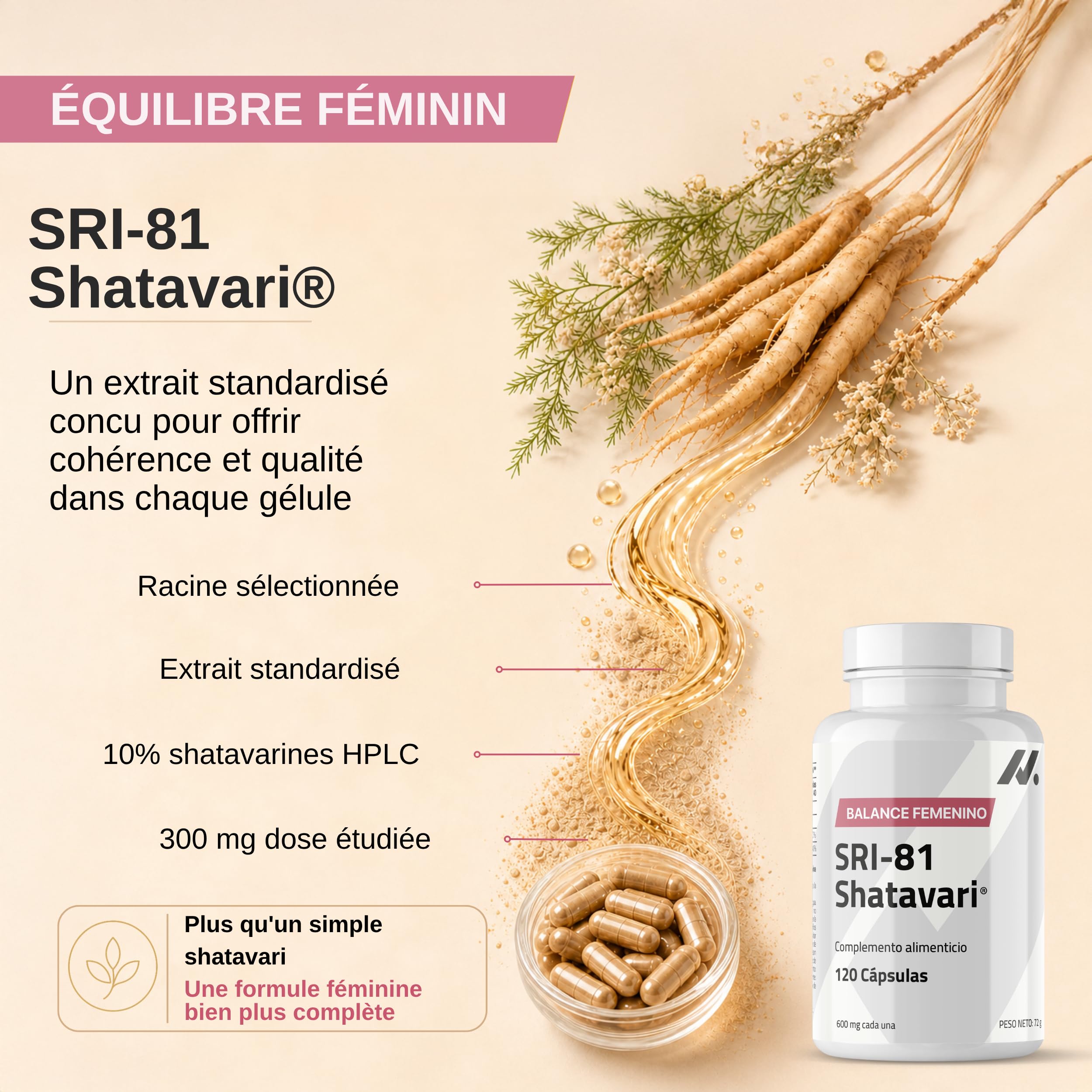 Shatavari SRI-81 Femme | Équilibre et Vitalité Féminine à Chaque Cycle | Avec Vitamine B6 et Zinc | Extrait Standardisé >10% Shatavarines HPLC | Végan Sans Gluten ni Lactose | Nyvos 120 Gélules