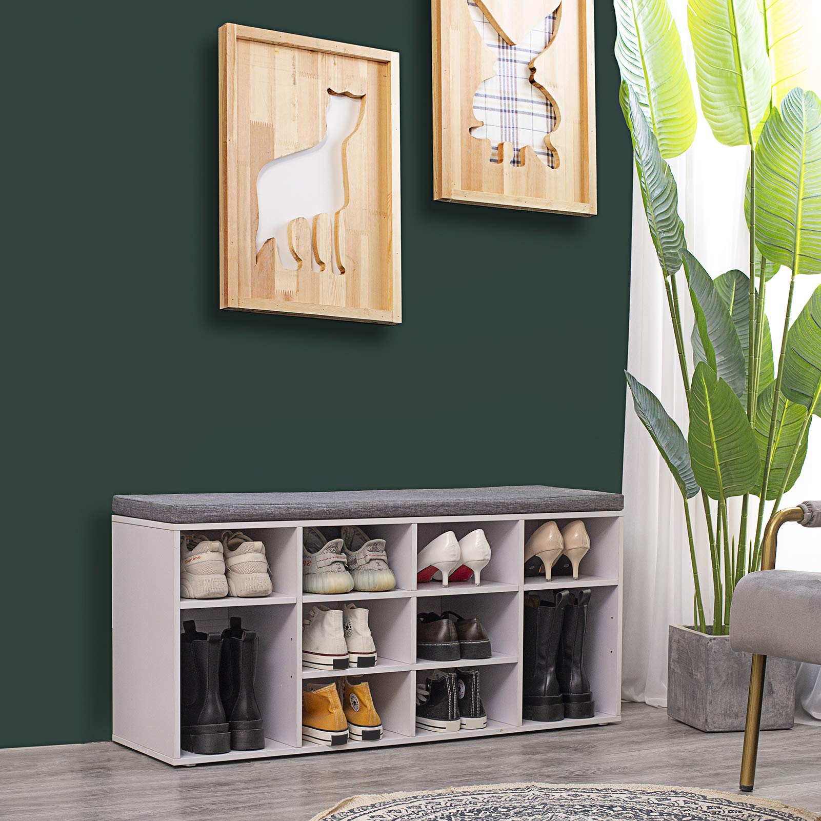 DINZI LVJ Shoe Storage Bench with Cushion, Cubby Shoe Rack with 12