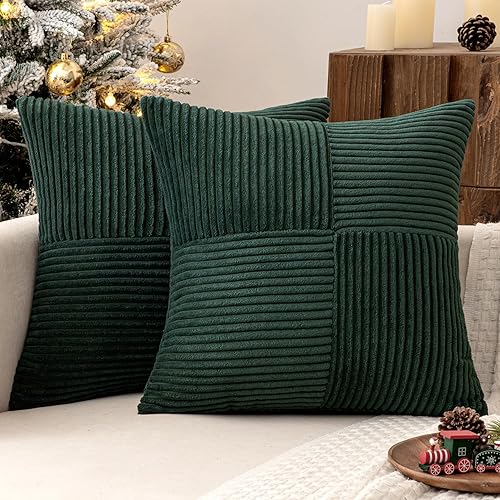 MIULEE Juego de 2 fundas de almohada de pana verde salvia, fundas de almohada bohemias empalmadas, suaves y sólidas, fundas de cojín con textura de
