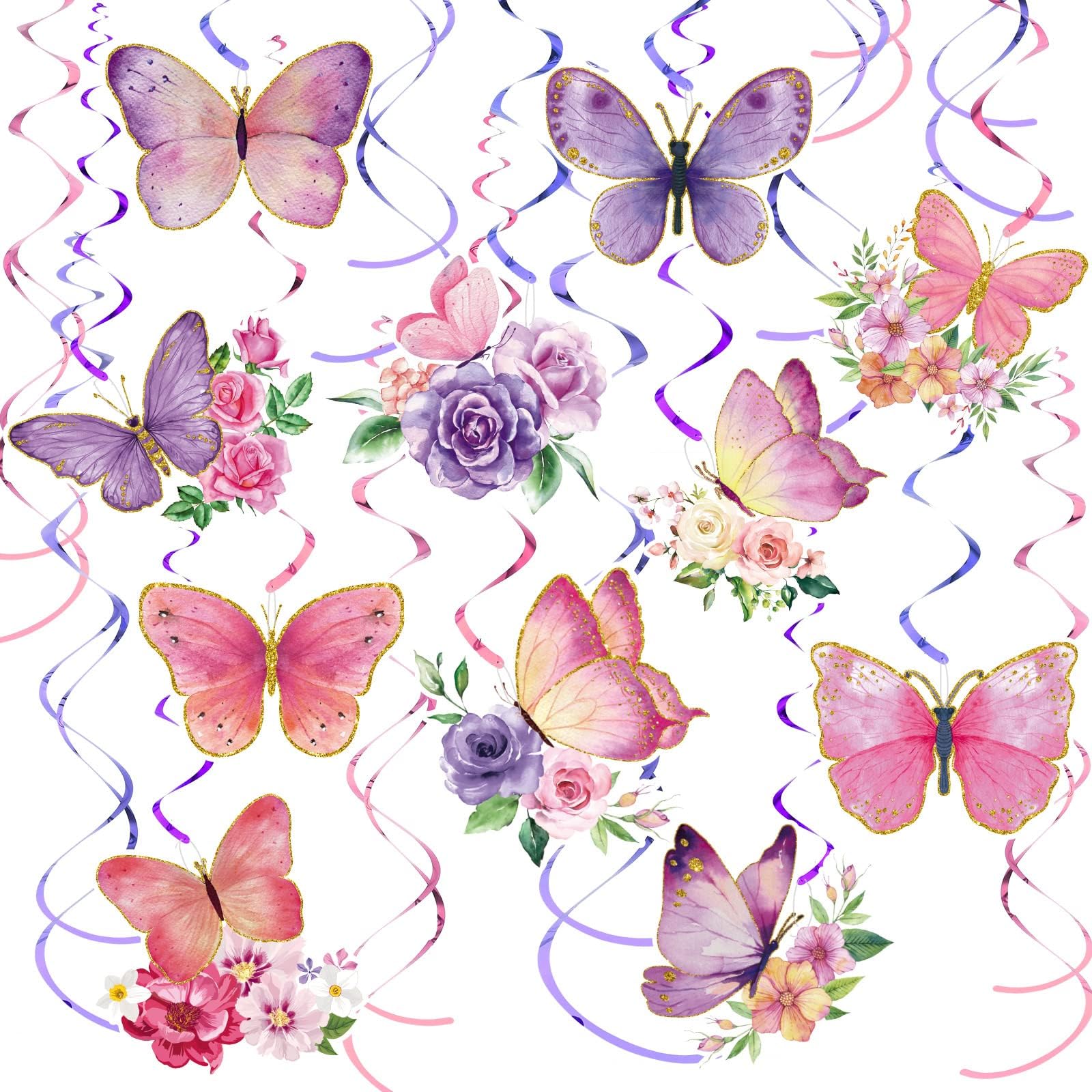 Pajean 30 Pieces Butterfly Party Decorations Watercolor Purple Butterfly Hanging Swirls Decorations Summer Themed Swirls Garland for Baby Girl Birthday Wedding Party Supplies