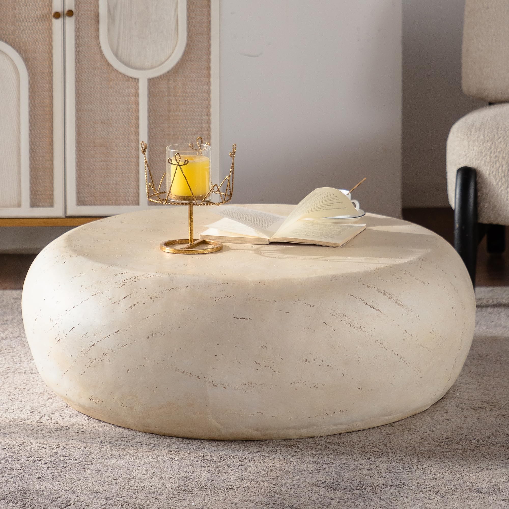36 Mid-Century Round Centre Coffee Table Vintage Faux Stone Sofa Pre-Modern Coffee Tables Beige Coffee Table for Living