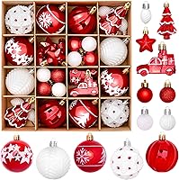 DeckTheHalls 42-Piece Shatterproof Christmas Ball Ornaments Set - Red & White, 10+ Styles, Glossy Matte Glitter for Tree Holiday Decor