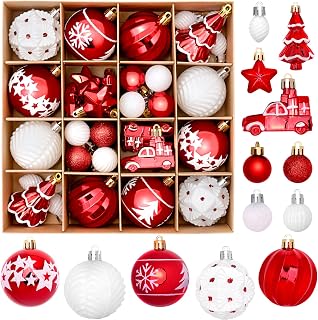 DeckTheHalls 42-Piece Shatterproof Christmas Ball Ornaments Set - Red & White, 10+ Styles, Glossy Matte Glitter for Tree Holiday Decor