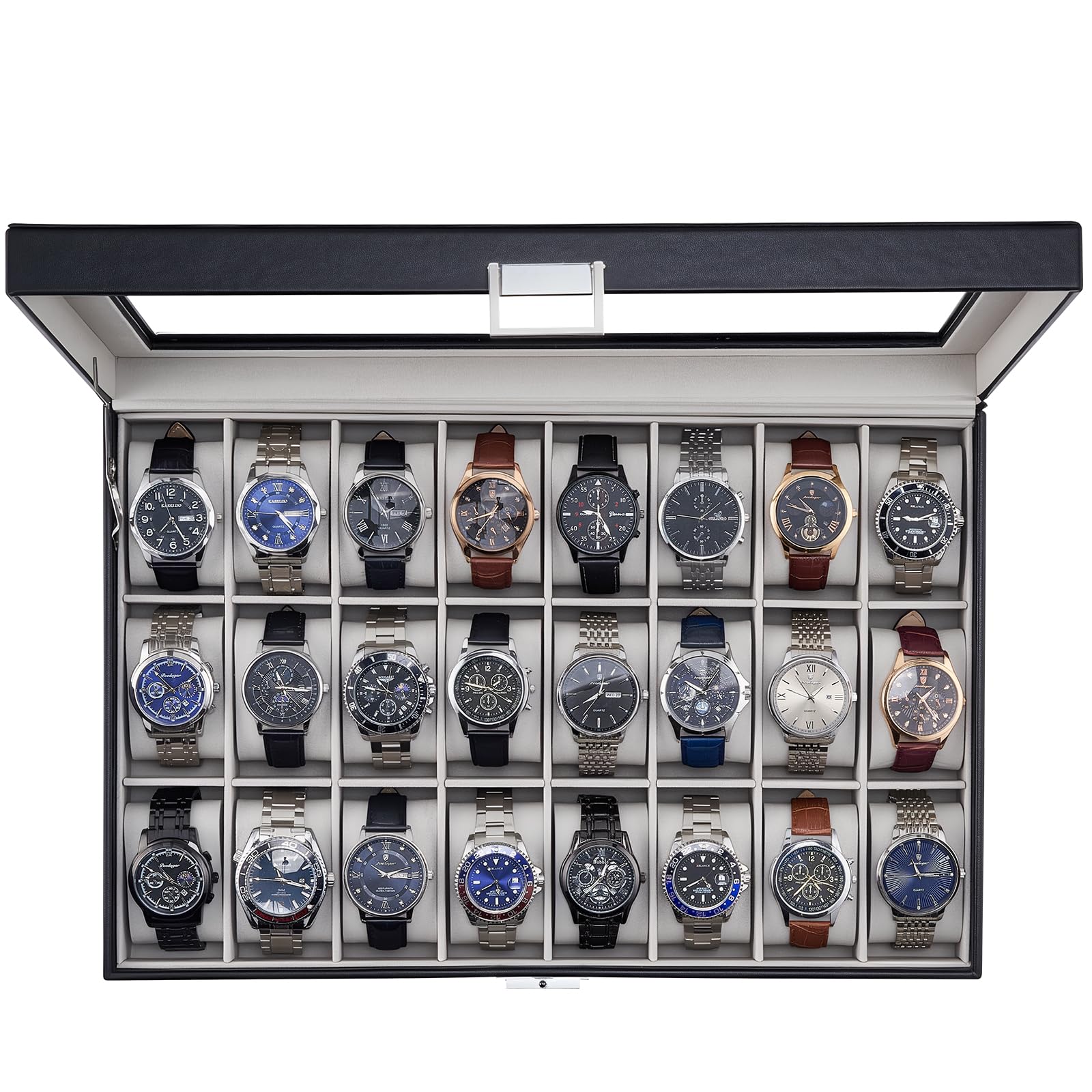 ProCase Boîte à Montres 24 Emplacements, Coffret de Rangement Grande Capacité avec Couvercle en Verre Transparent, Coffret Cadeau Élégant pour Collection de Montres -Noir