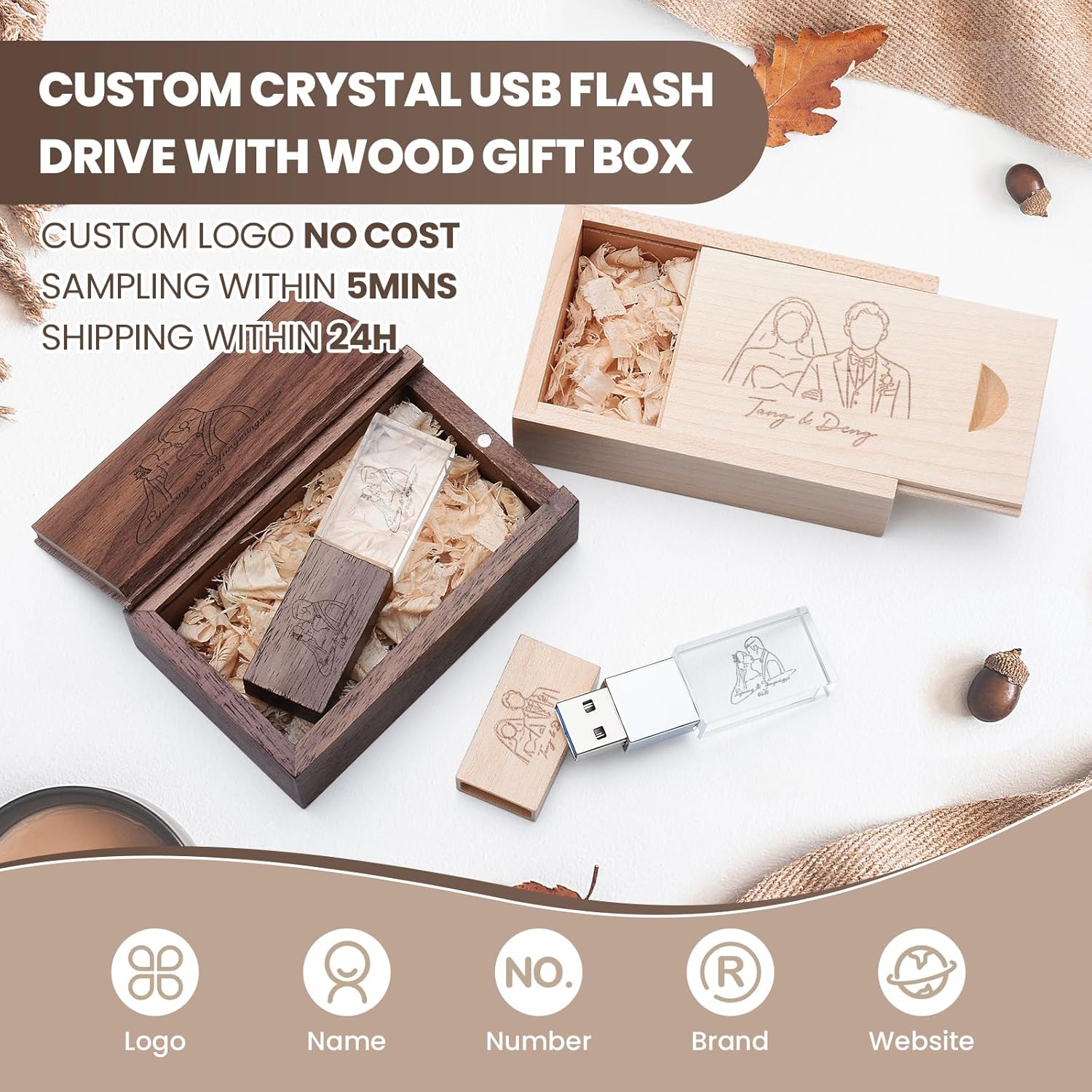 64GB 5Pcs Custom Crystal USB 3.0 Flash Drive with Wooden Gift Box, Wedding Thumb Drive with Linen Bag, Personalized Crystal USB Sticks, Engraved Your Logo & Text for Wedding/Company/Photography