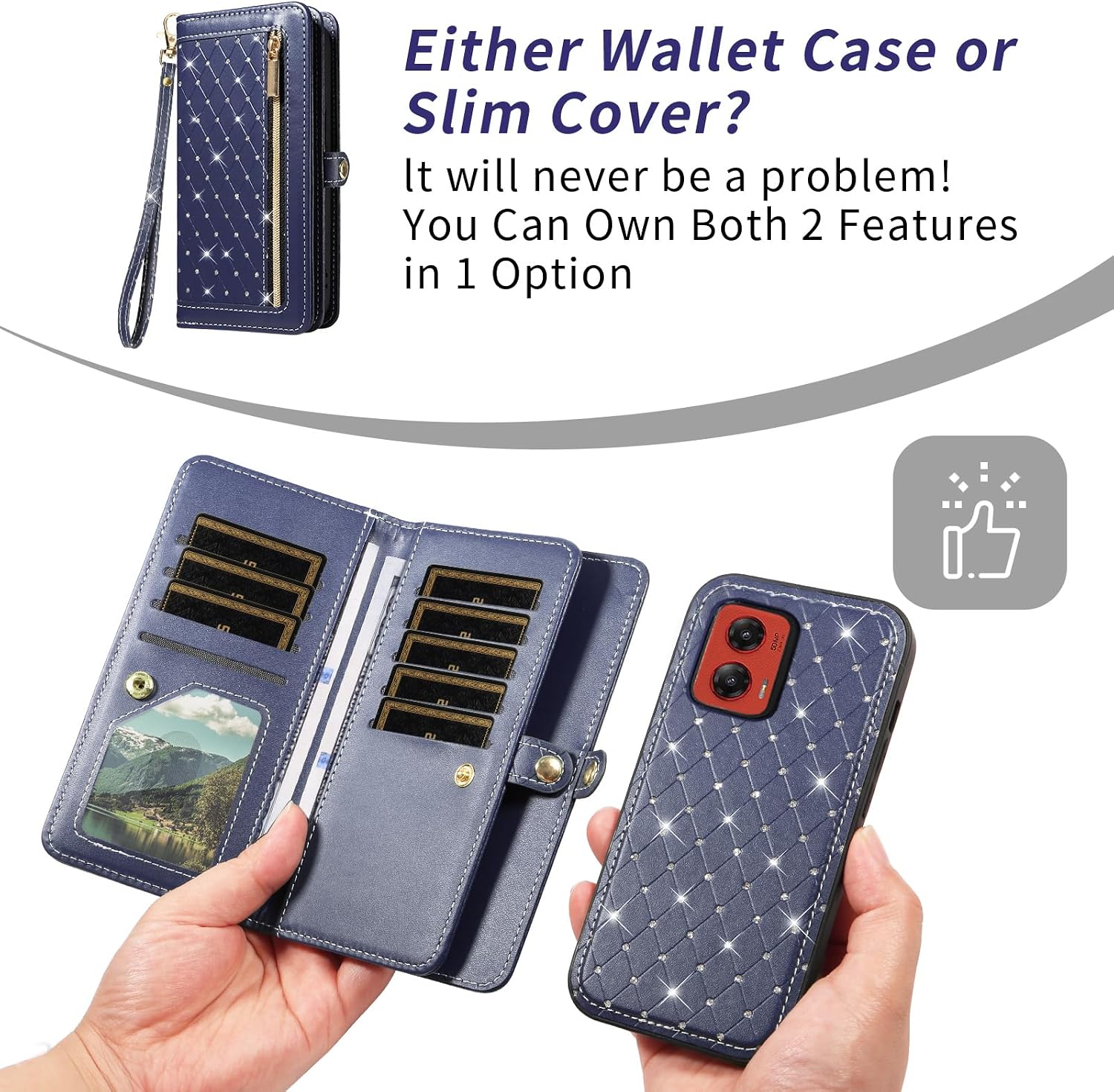 Asuwish Phone Case for Motorola Moto G Stylus 5G 2024 Zipper Wallet Detachable Magnetic Cell Cover Tempered Glass Screen Protector Crossbody Strap Bling Flip Credit Card Holder G5 Women Men Dark Blue