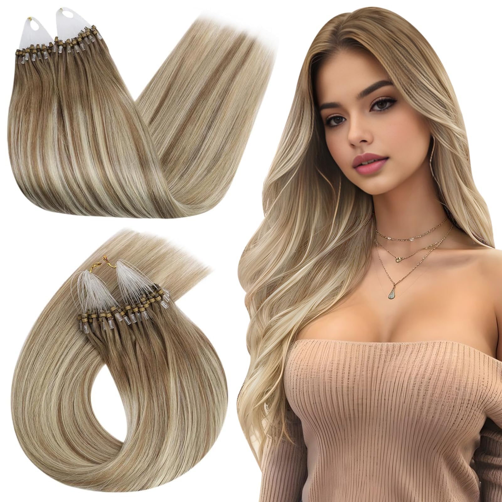Ugeat Przedłużanie Włosów Mikro Link, Włosy Ludzkie, Balayage Jasny Brąz z Blondem, 45 cm 50 sztuk 50g, Przedłużanie Włosów Mikro Koralik Karmelowym, Remy Proste