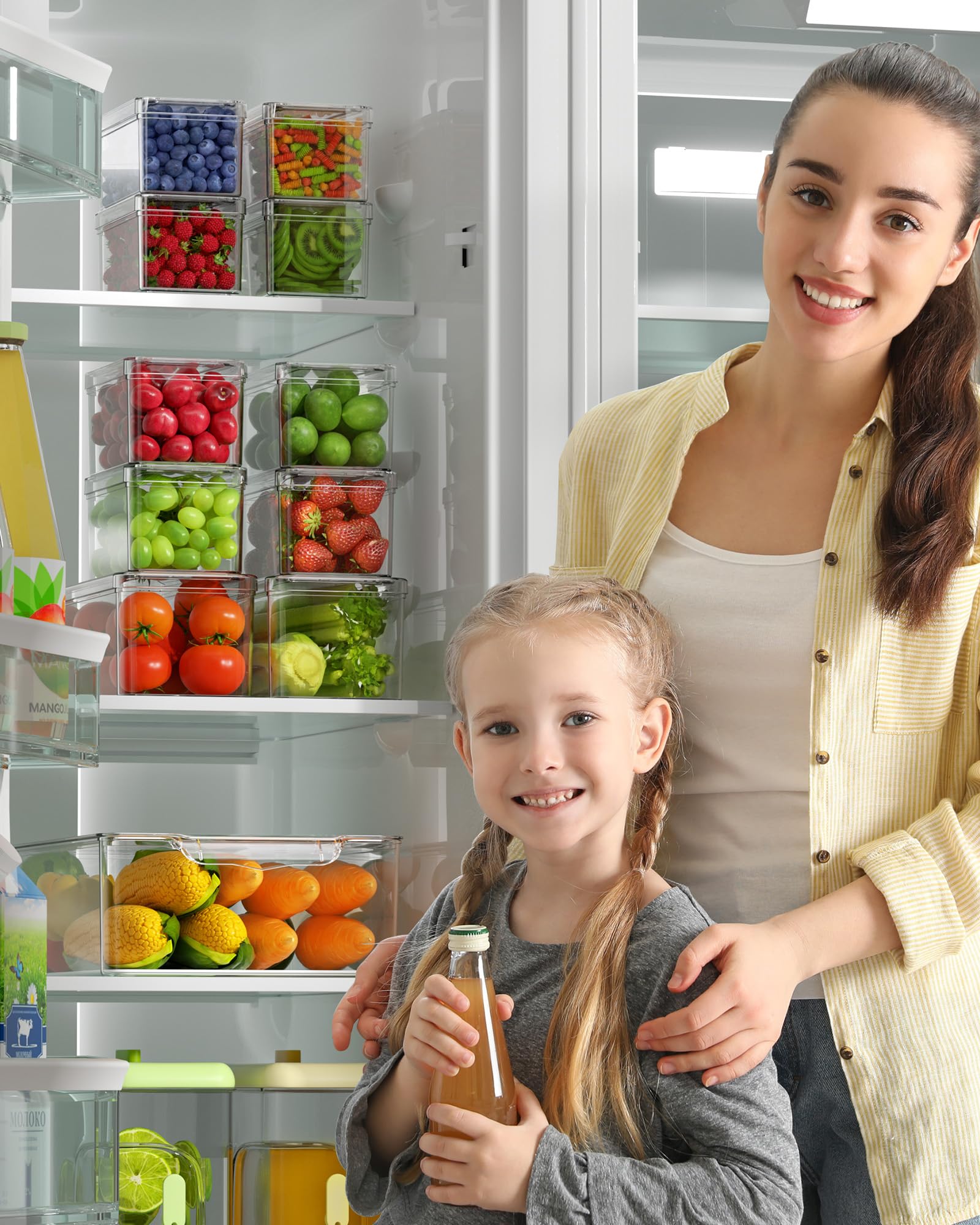 KEMETHY Paquete de 11 contenedores organizadores de tereftalato de polietileno transparente (PET), contenedores de almacenamiento de frutas sin BPA para refrigerador