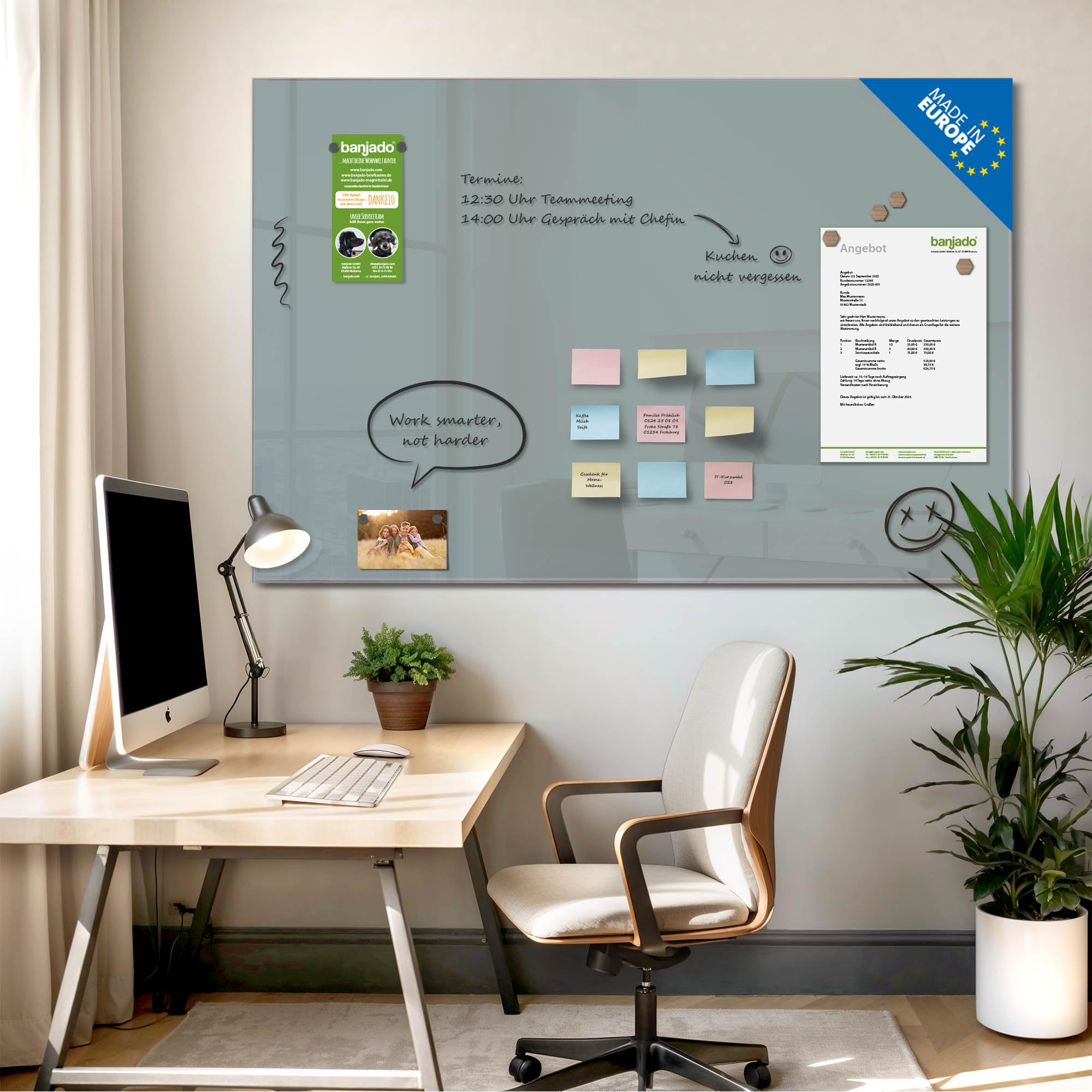 banjado Glas Magnettafel (120 x 80cm) - Magnetwand Glas - Magnetpinnwand als Memoboard - Pinnwand Magnettafel Küche, Büro, Kinderzimmer - Grau