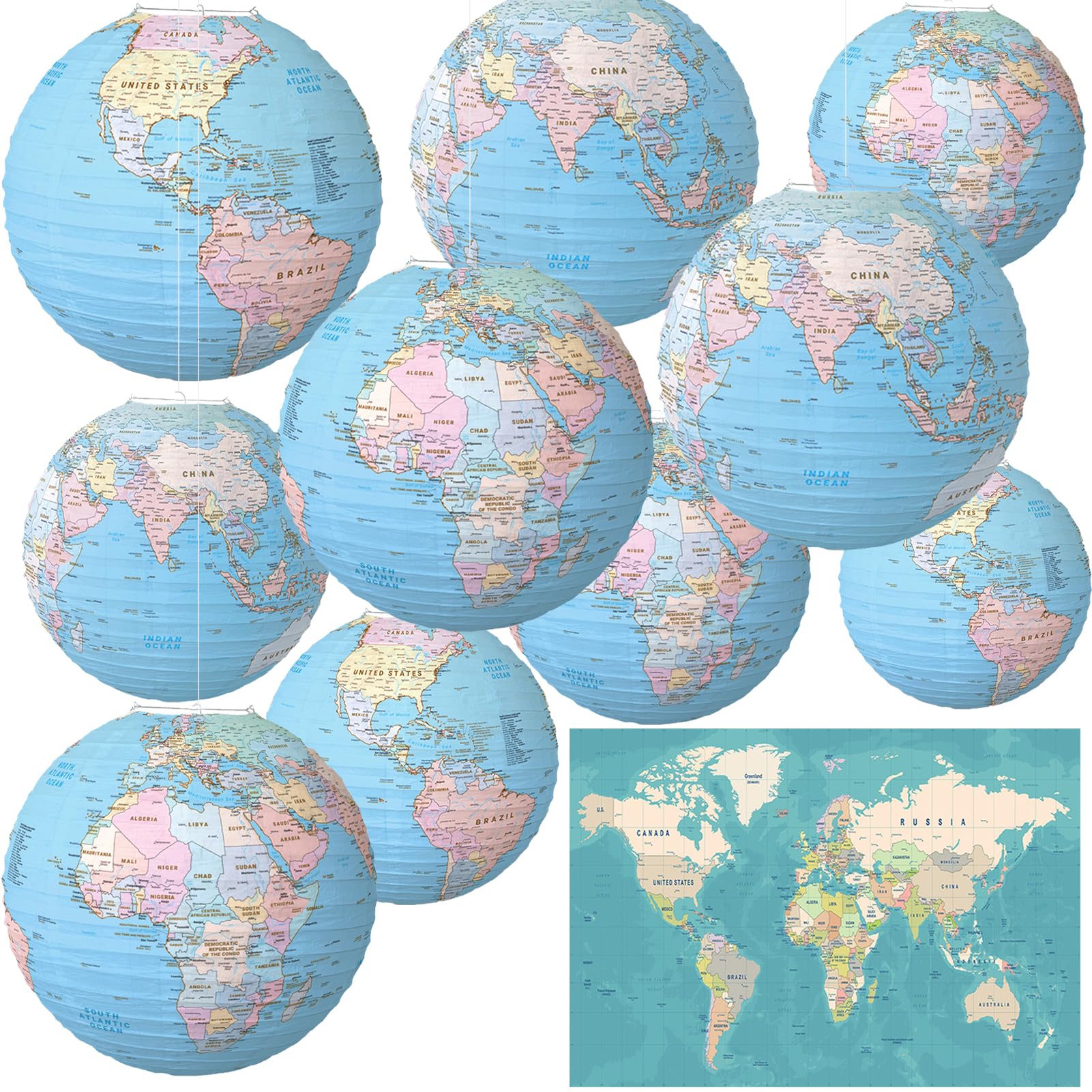 10 Pcs 12 Inch World Map Paper Lanterns Classroom Hanging Decoration Travel Globe Decor and Map Poster for Home, School, Earth Day Party