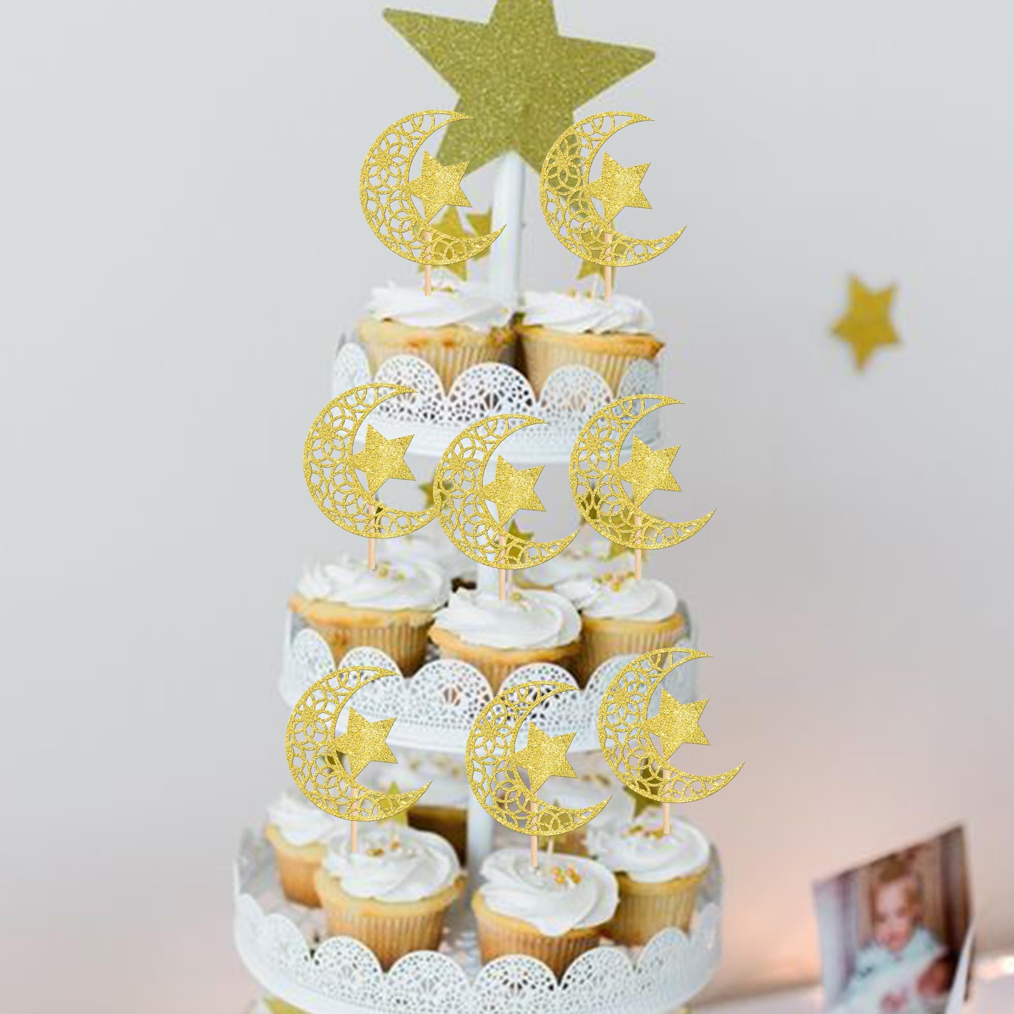 Xsstarmi 24 Pack Gold Moon Star Eid Mubarak Cupcake Toppers for Islamic Eid Mubarak Festival Cake Decorations - Image 3