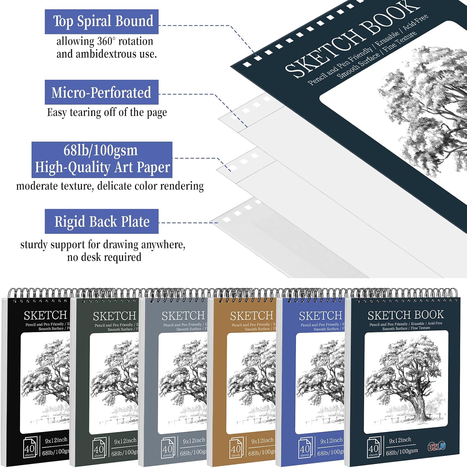 18 Pack Sketch Books Bulk 9x12 Inch Large Top Spiral Bound Sketch Pads 720 Total Sheets 6-Color Sketchbook 68lb/100gsm Acid-Free Drawing Paper for Students Beginners Artists Classroom Art Supplies