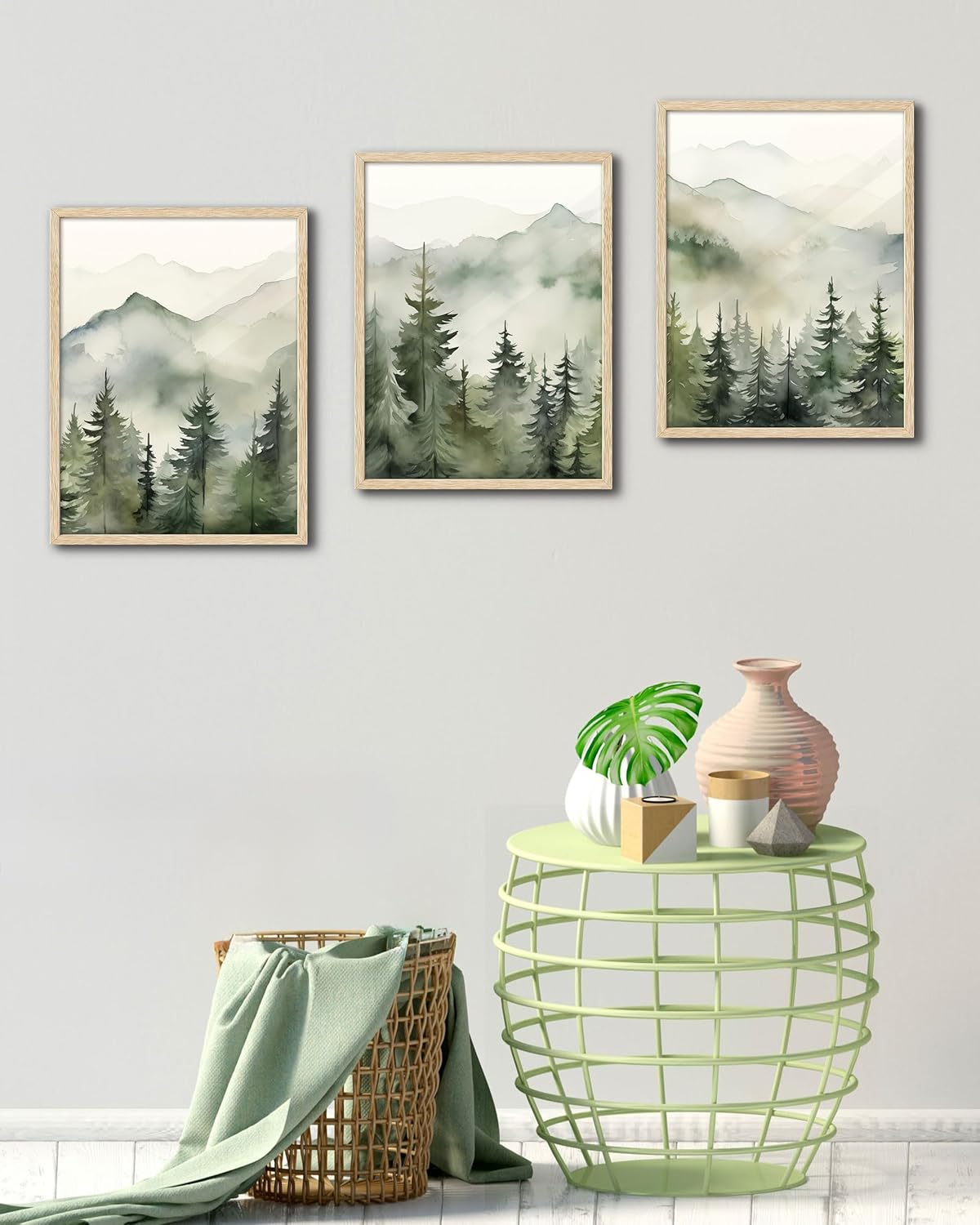 EcoHest Sage Green Mountain 3 Piece Framed Wall Art Set, 12x16 in OAK Wood Pine Forest Landscape Canvas Wall Decor, Minimalist Abstract Nature Modern Decor for Bedroom Living Room Bathroom