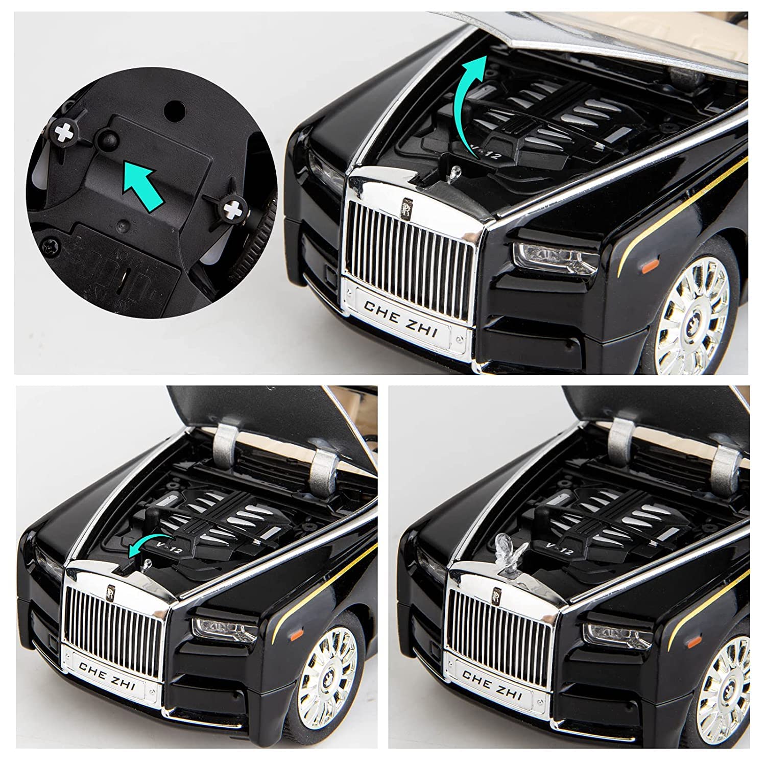 PLUSPOINT 1:32 Scale Rolls Royac Phantom Car Pull Back Vehicles Diecast Exclusive Zinc Alloy Metal Toy Model Car with Openable Door and Sound Light Gifts Toys for Kids Toddlers 1
