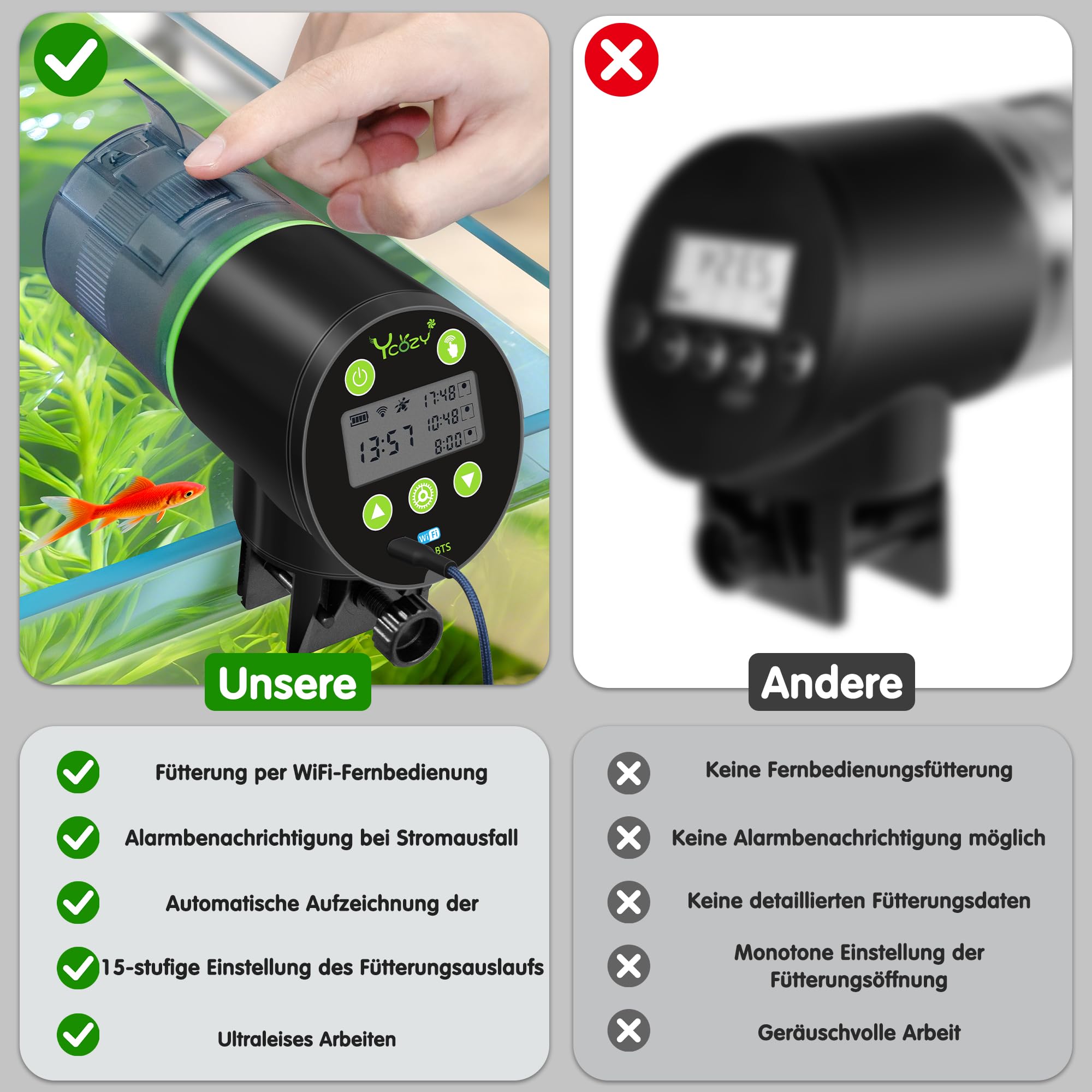 Ycozy WiFi Fischfutter Automat Aquarium, Futterautomat Netzteil mit Stecker & USB-C Kabel Fischfutterspender WLAN Gesteuerter mit APP Automatischer Fischfutterautomat für Aquarium Navi-BTS