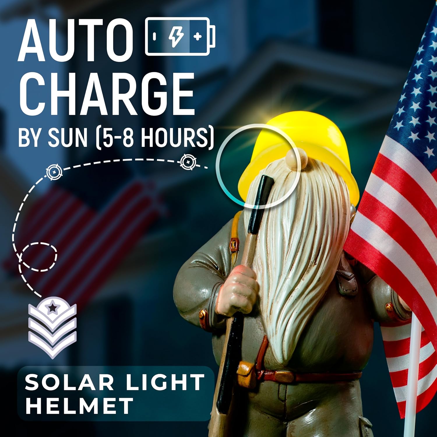 Patriotic Solar Garden Gnome with American Flag, 11" Resin Armed Garden Gnomes Outdoor Statue, Military Yard Gnome Decor, Gift for 4th of July, Memorial Day, Veterans Day - Image 3