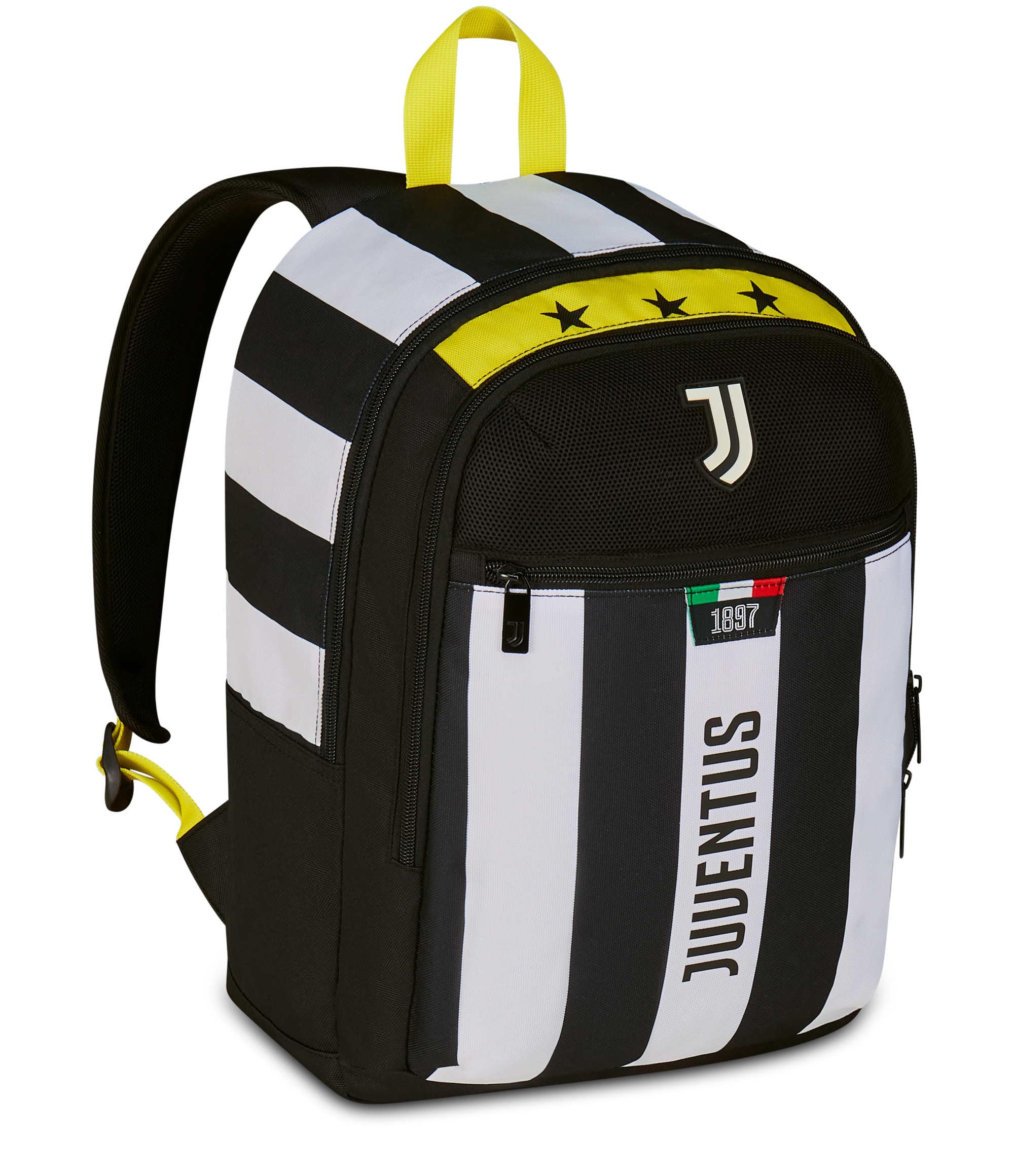 Seven Juventus Zaino Doppio Scomparto, Bianco e Nero, Tasca Frontale con Zip e Tasca per Borraccia, Bambino, Scuola Elementare, Calcio