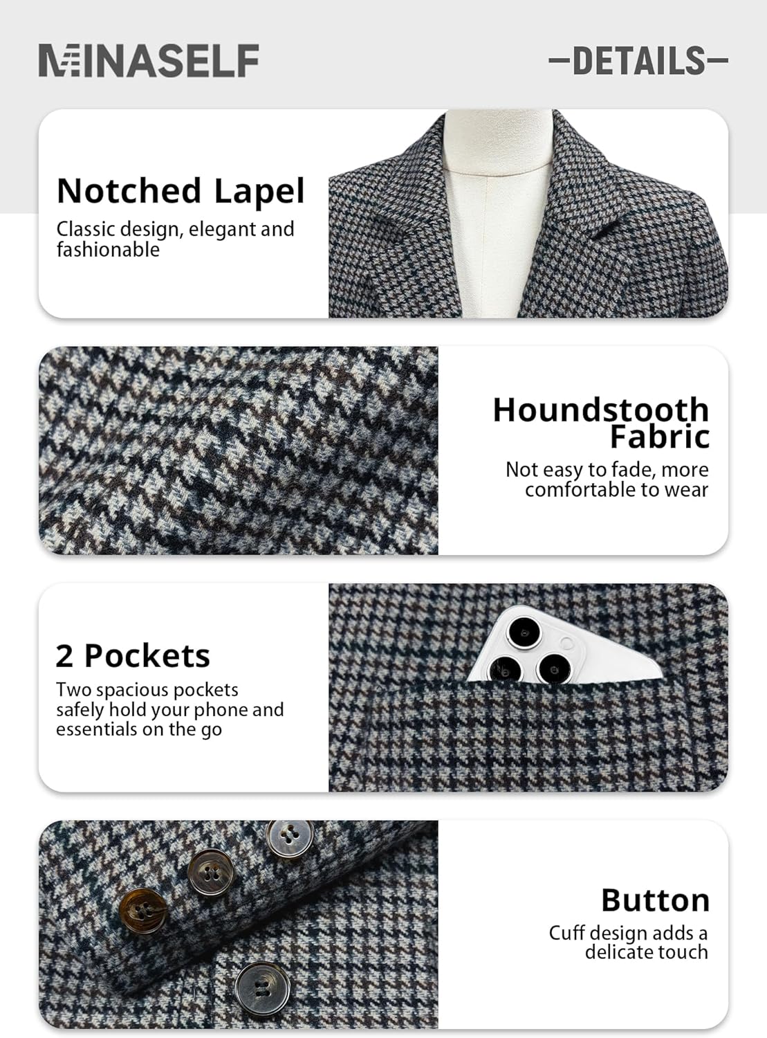 Mina Self 2026 Women's Tweed Houndstooth Blazer - Plaid Fully Lined Work Casual Office Jackets Suit with Pockets - Image 6