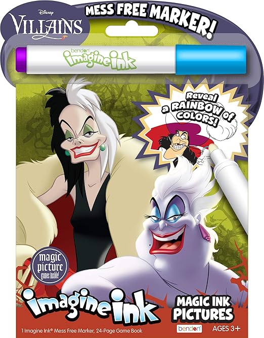 Disney Villains 24 Page Imagine Ink Magic Pictures Coloring Book with 1 Mess Free Marker Featuring Cruella, Ursula, Maleficent and More Bendon 50490