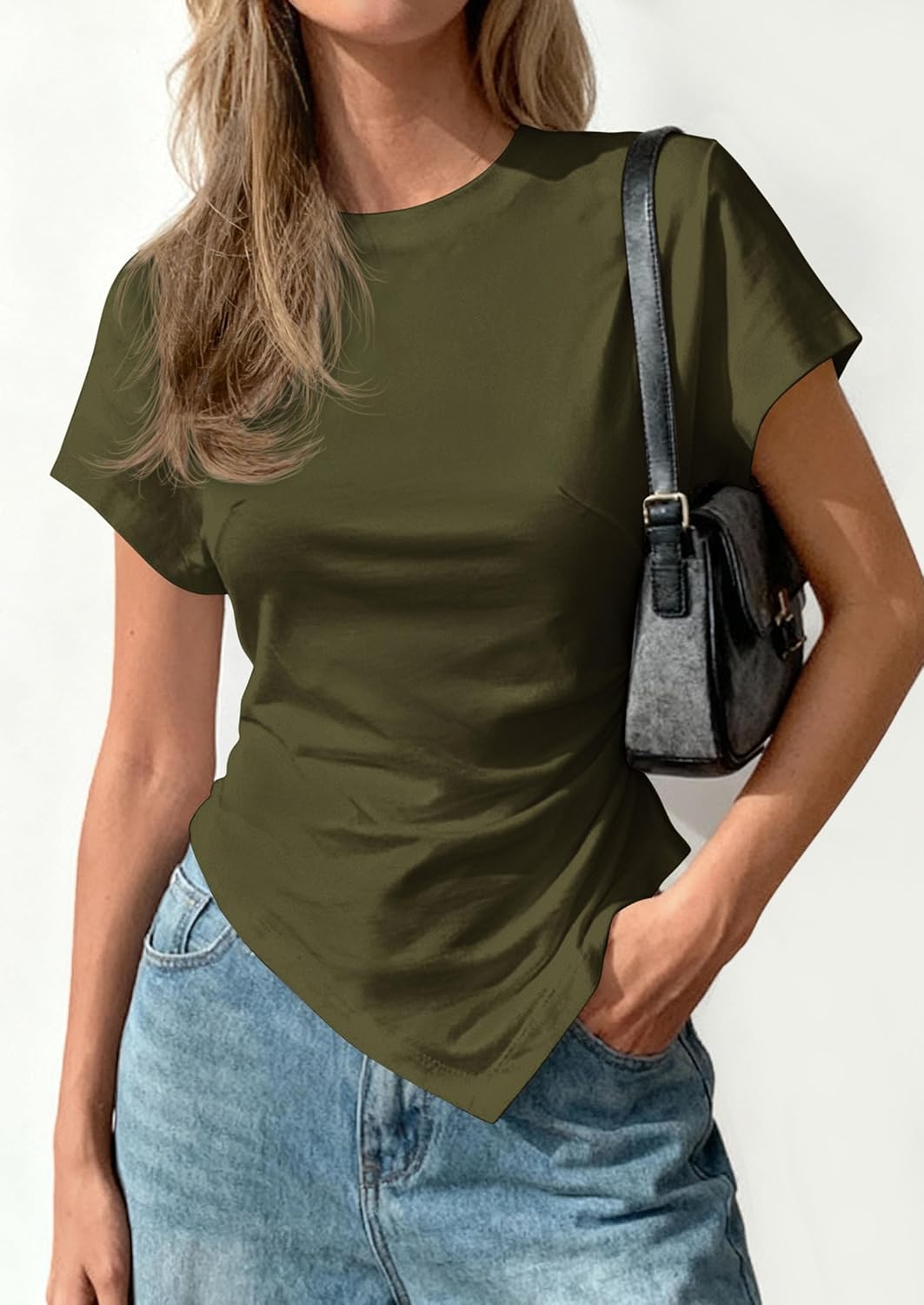 PRETTYGARDEN Womens Asymmetrical Tops 2026 Spring Summer Going Out Shirts Y2K Short Sleeve Crew Neck Ruched Trendy Clothes - Image 6