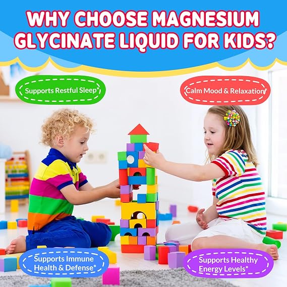 Kids Magnesium Glycinate Liquid Drops with L-Theanine, Omega-3, Vitamins B6 & D3, Zinc & Calcium for Sleep Support, Relaxation, Focus & Brain, Bones Mixed Berry Flavor, 2 Fl Oz
