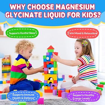 Kids Magnesium Glycinate Liquid Drops with L-Theanine, Omega-3, Vitamins B6 & D3, Zinc & Calcium for Sleep Support, Relaxation, Focus & Brain, Bones Mixed Berry Flavor, 2 Fl Oz