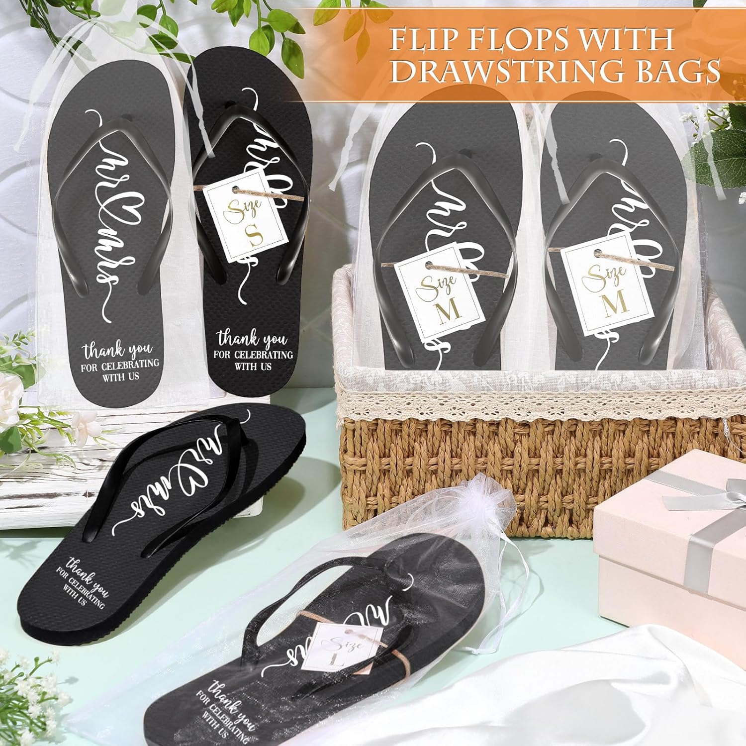 24 Pairs Wedding Flip Flops Bulk Slippers Flip Flops Women Wedding Sandals with Size Cards Drawstring Bags - Image 6