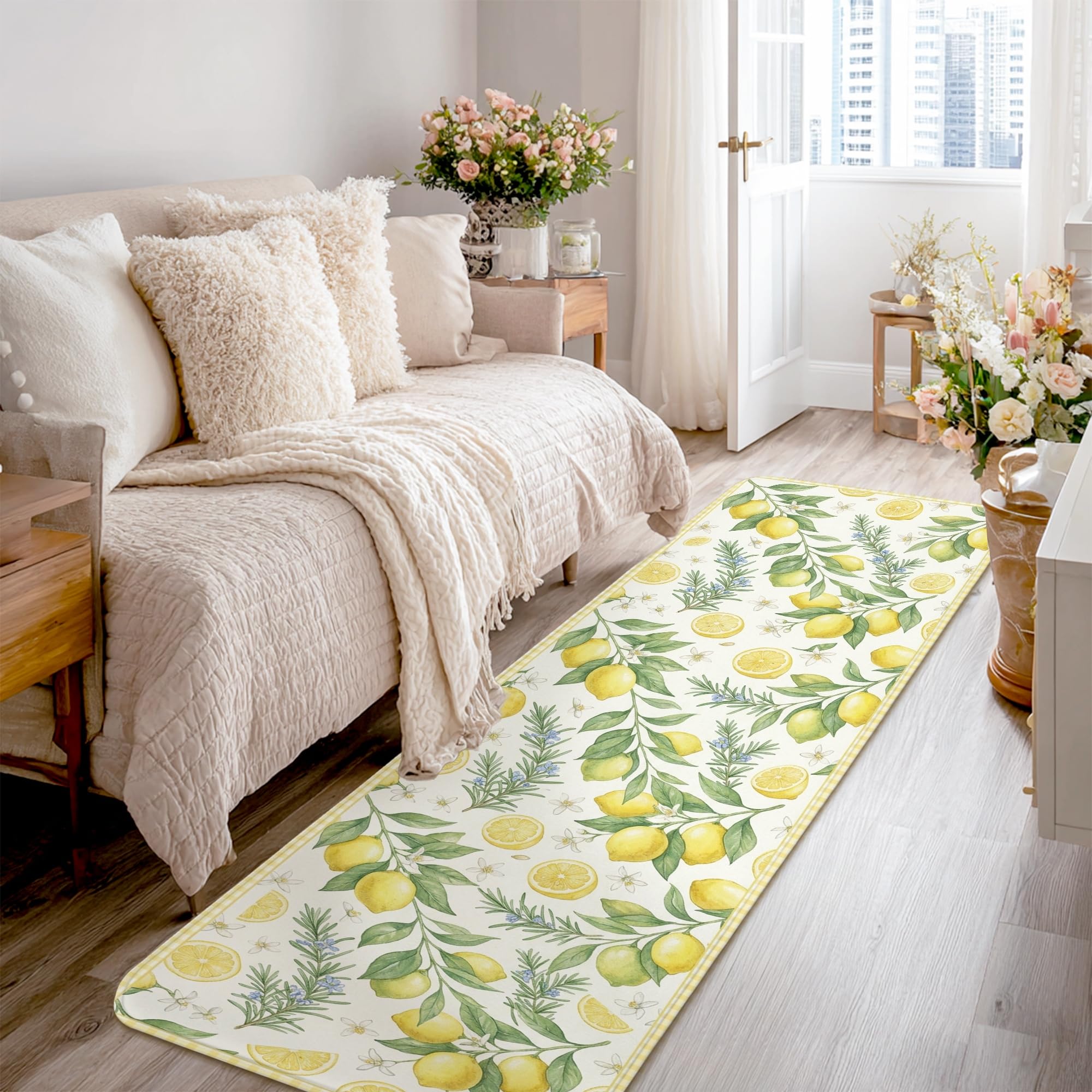 Alfombra de pasillo de limón de 2x8 pies lavable y rectangular para decorar la entrada