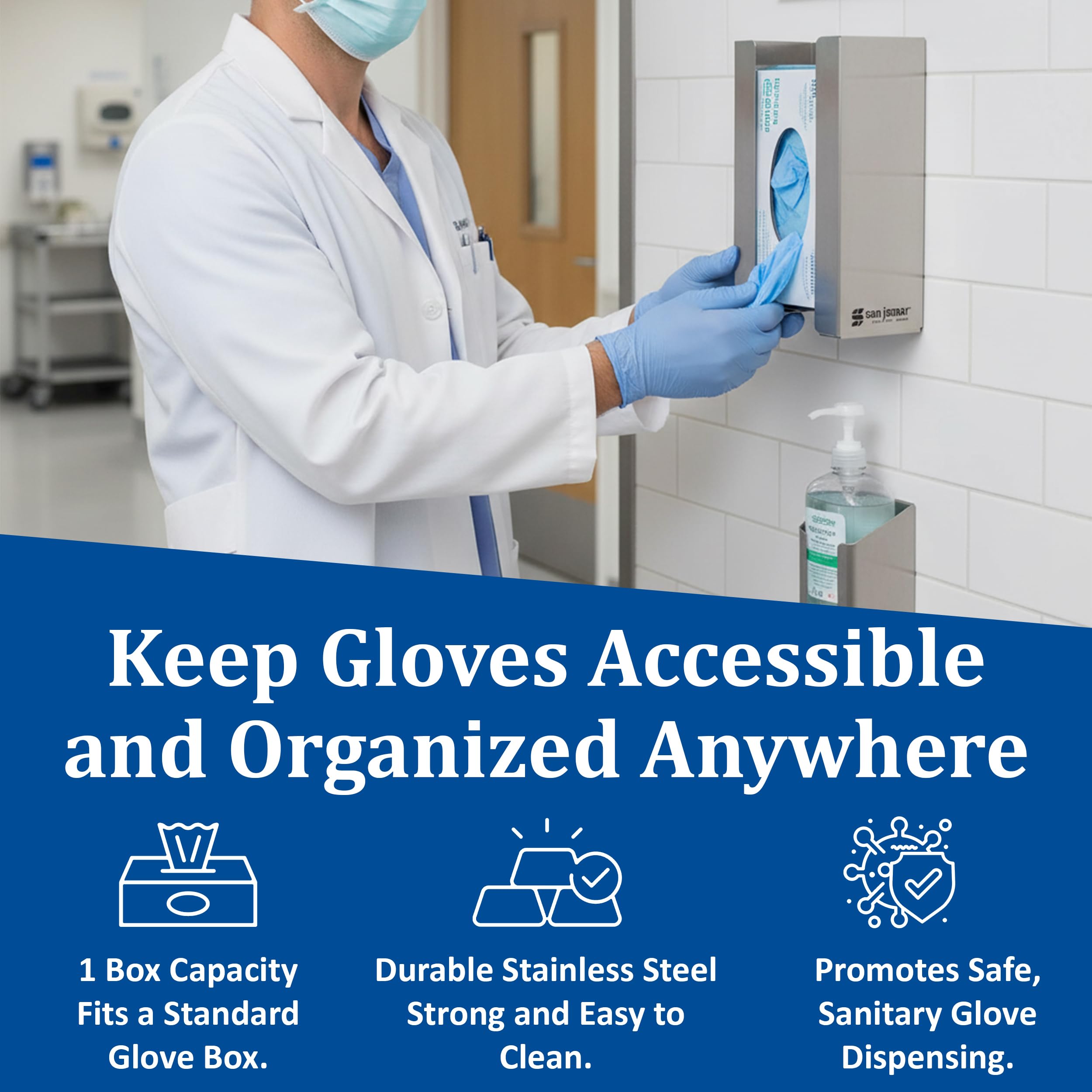 San Jamar g0801 caja de montaje en la pared dispensador de guantes, 1 Capacidad, acero inoxidable