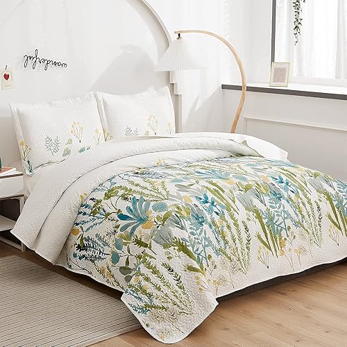 Miniatura 2 de Ycosy Juego de edredón de flores para cama tamaño queen reversible, diseño de flores y hojas verdes, para todas las estaciones, 1 edredón y 2 fundas