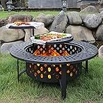 36 Inch Fire Pit with 2 Grills, Wood Burning Fire Pits for Outside with Lid, Poker and Round Waterproof Cover, BBQ& Outdoor Firepit & Round Metal Table 3 in 1 for Patio, Picnic, Party