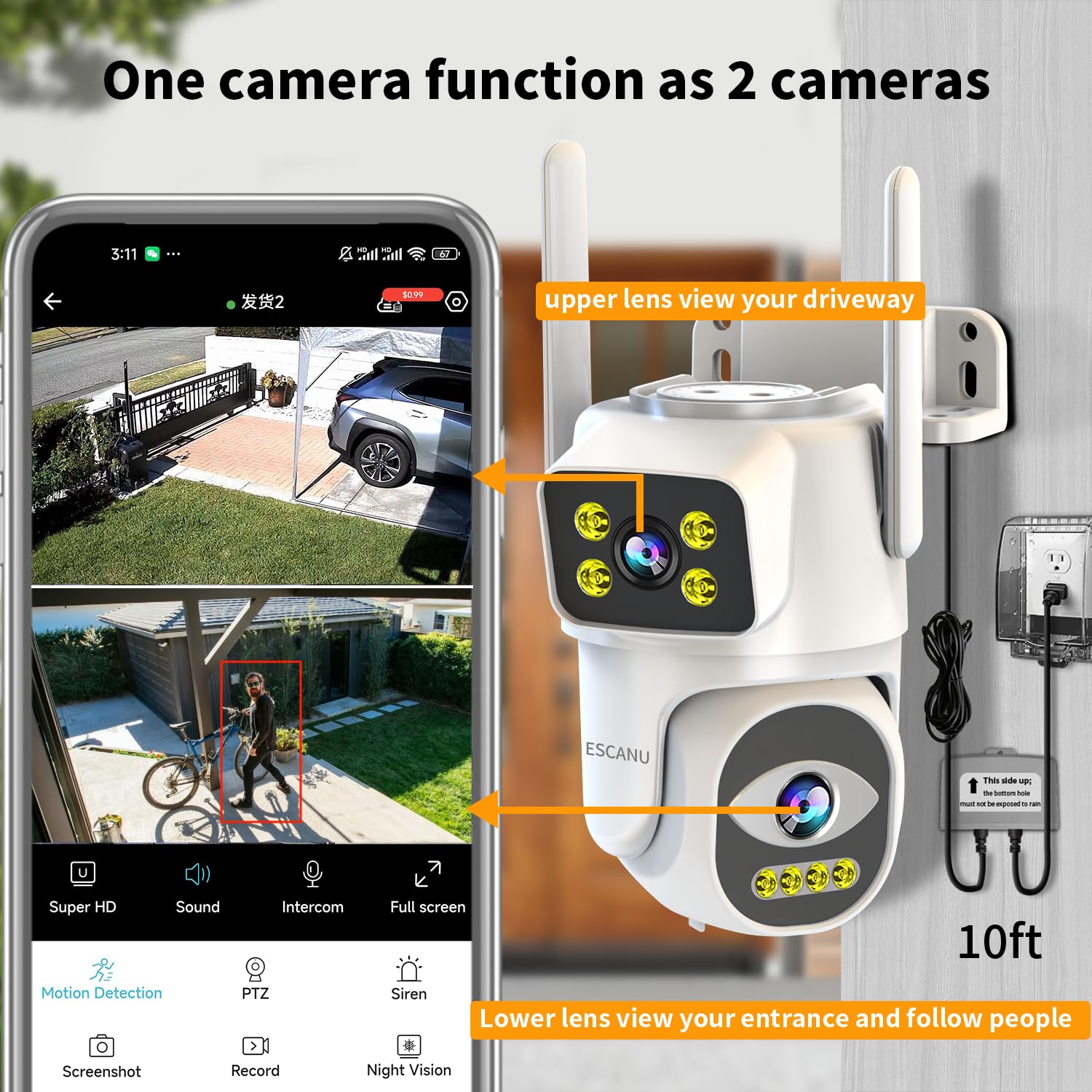 Telecamere a doppia lente per la sicurezza domestica, telecamera plug-in PTZ esterna 2.4G/5G, monitoraggio del movimento, visione notturna, registrazione continua 24/7, funziona con sistema di