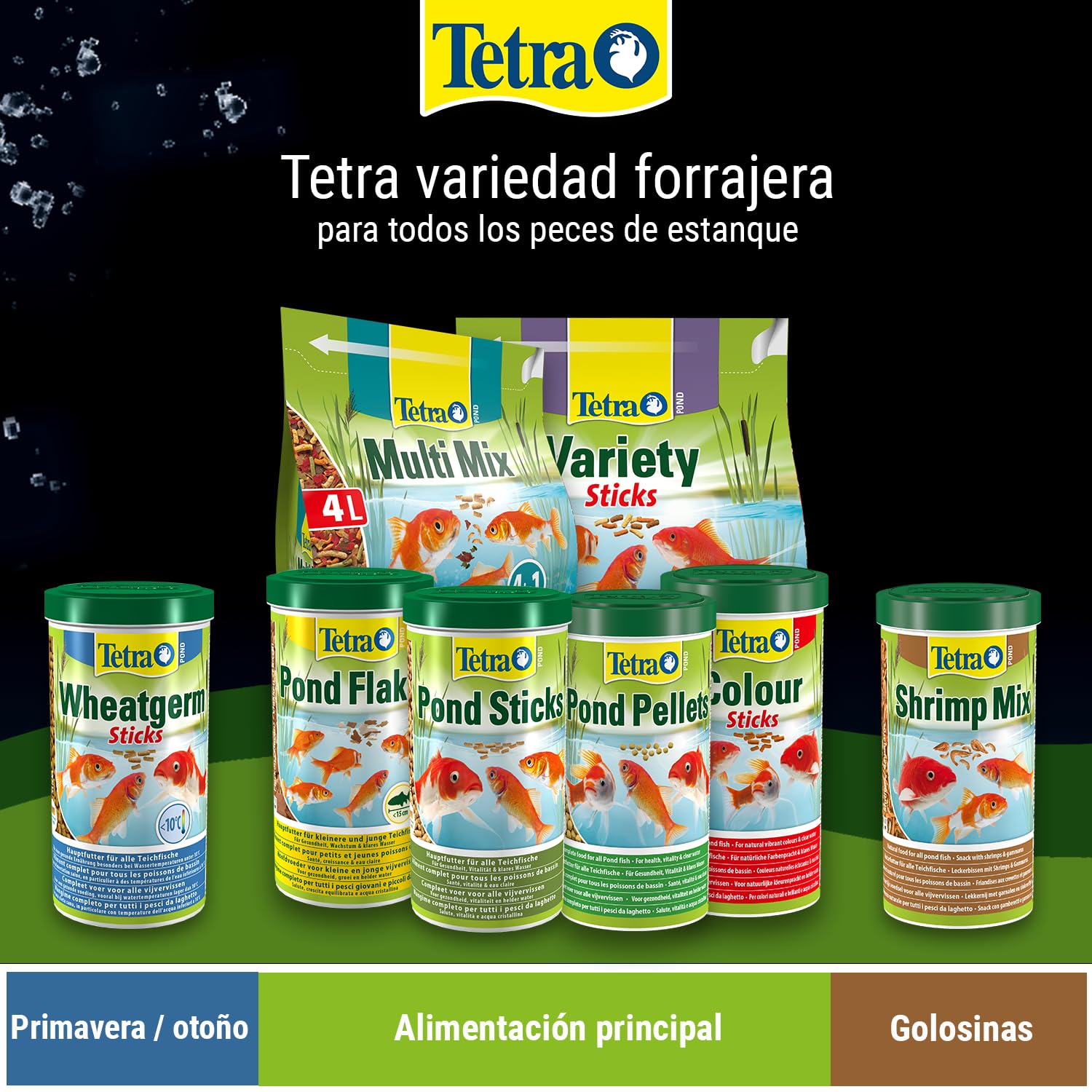 Tetra Pond Wheatgerm Sticks, Alimento rico en fibra para todos los peces de estanque, especialmente adecuado para temperaturas de agua frías (primavera, otoño), cubo de 10 L