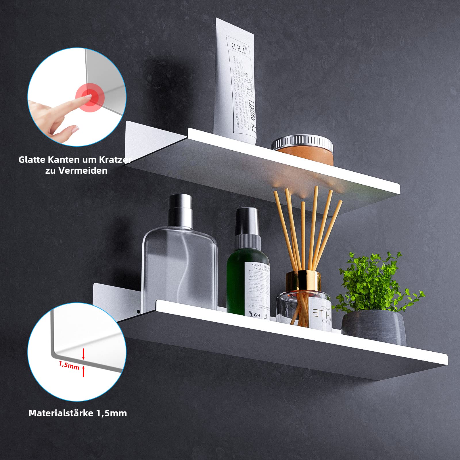 Juego de 2 estanterías autoadhesivas para ducha, sin taladrar, estante de pared con soporte de aluminio espacial para champú para baño, cocina, plateado