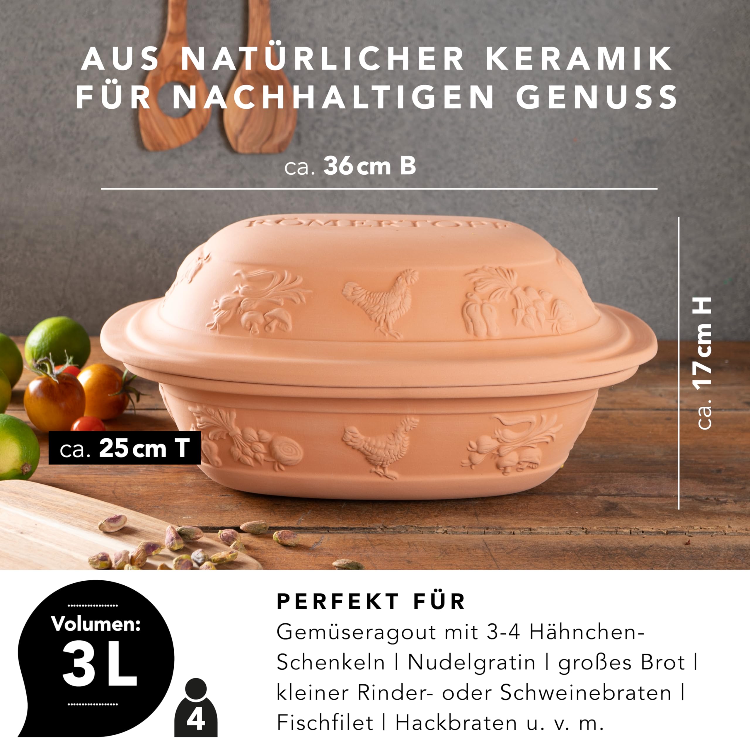 Römertopf UR-Btäter Rustico Dampfgarer unglasiert 3 Liter | Für 4 Personen, ca. 35 x 22,5 cm, schonendes Dampfgaren im Backofen, gleichmäßige Wärmeverteilung, seit 1967