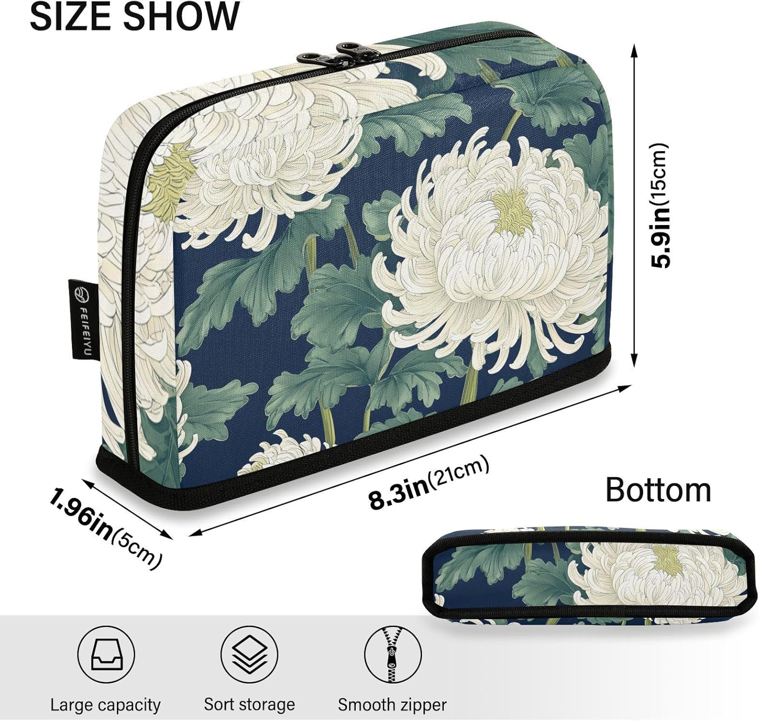 Standing Pencil Case - Japanese White Chrysanthemum Flowers Leaf Pencil Bag Stationery Pouch, Portable Makeup Cosmetics Bag, Desk Organizer for School, Office, Students Teens Boys & Girls