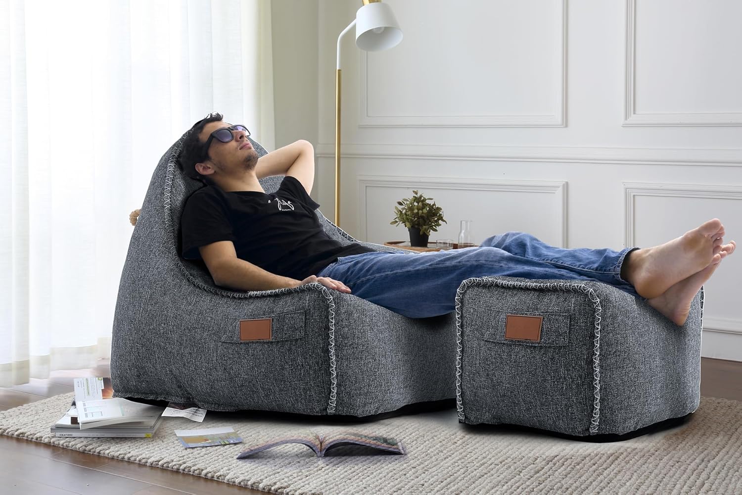 Patio Outdoor Weatherproof Bean Bag Chair ,Chairs &Ottoman Sets,High-Density Foam Filled ,Weather Resistant UV-Protected Fabric,Lounge Chair for Living Room kids's room Garden Terrace (Indigo)