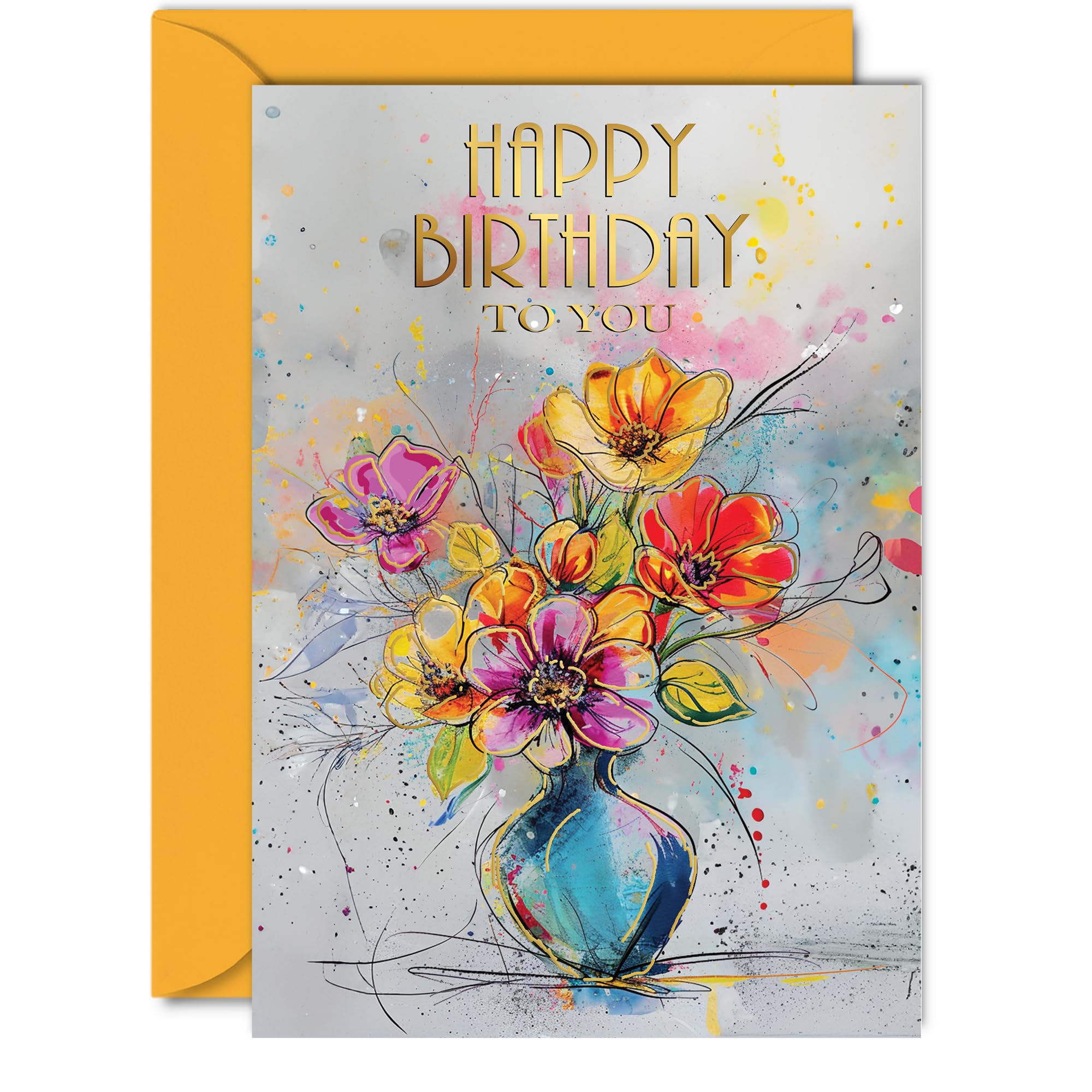 Beautiful Gold Birthday Cards for Women Her - Glimmering Vase - Elegant Traditional Pretty Birthday Card for Mum Daughter Grandma Auntie Granddaughter, 5x7 Inch Gorgeous Greeting Cards Gift