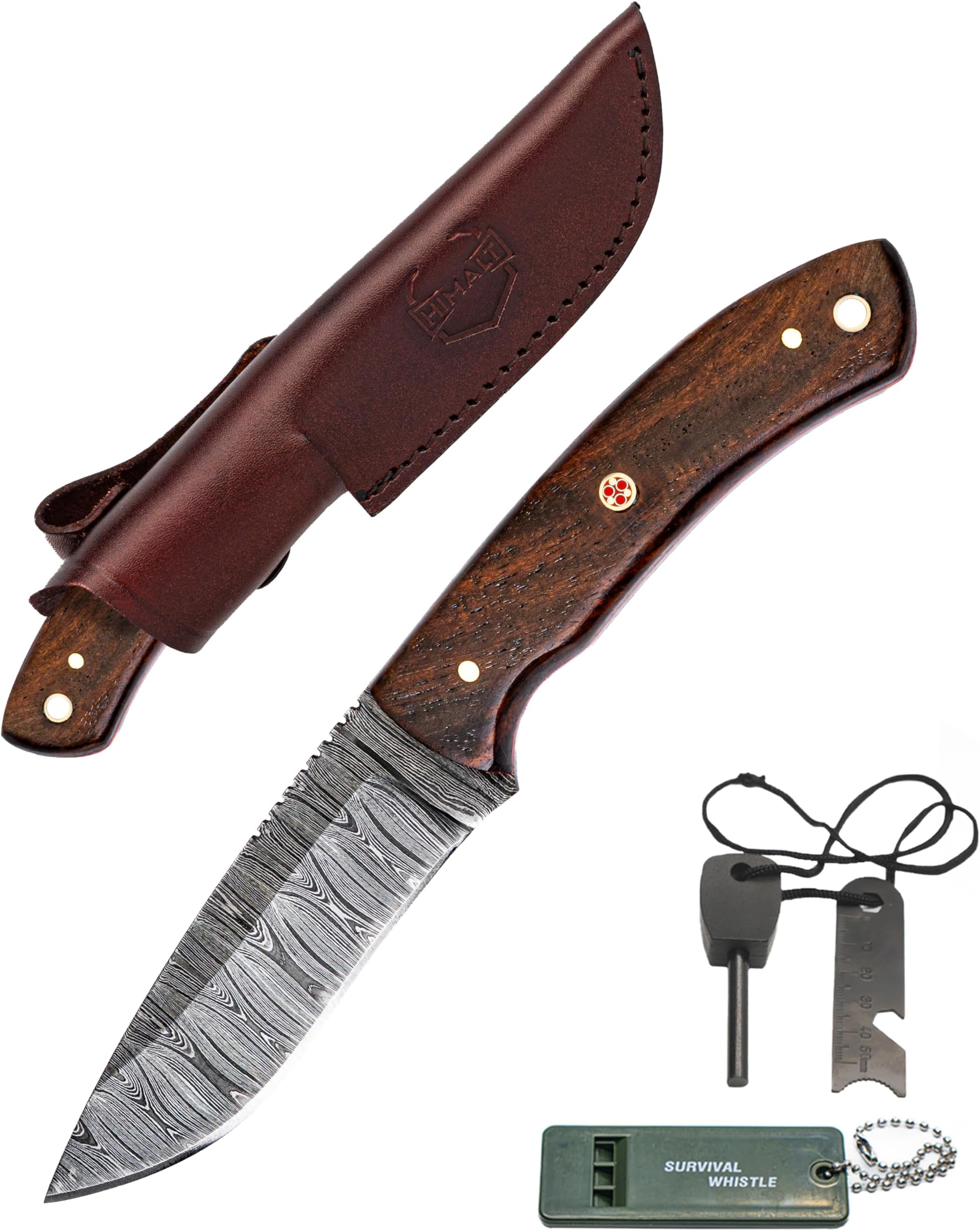 Reyaan 317 Damascus Steel Fixed Blade Hunting Knife for Men, 4.25" Blade, Full Tang Field Skinner with Leather Sheath, Camping, Bushcraft (Rosewood)