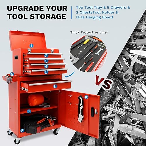 Miniatura 5 de Organizador de caja de herramientas, armarios de almacenamiento de garaje de 5 cajones, ruedas con cerradura y cajones deslizantes, parte superior