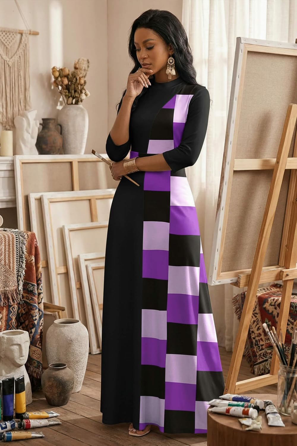 FANDEE Maxi Dresses for Women Semi Formal A-Line 3/4 Sleeve Mock Neck Elegant Dress Colorblock Church Cocktail Dress - Image 2