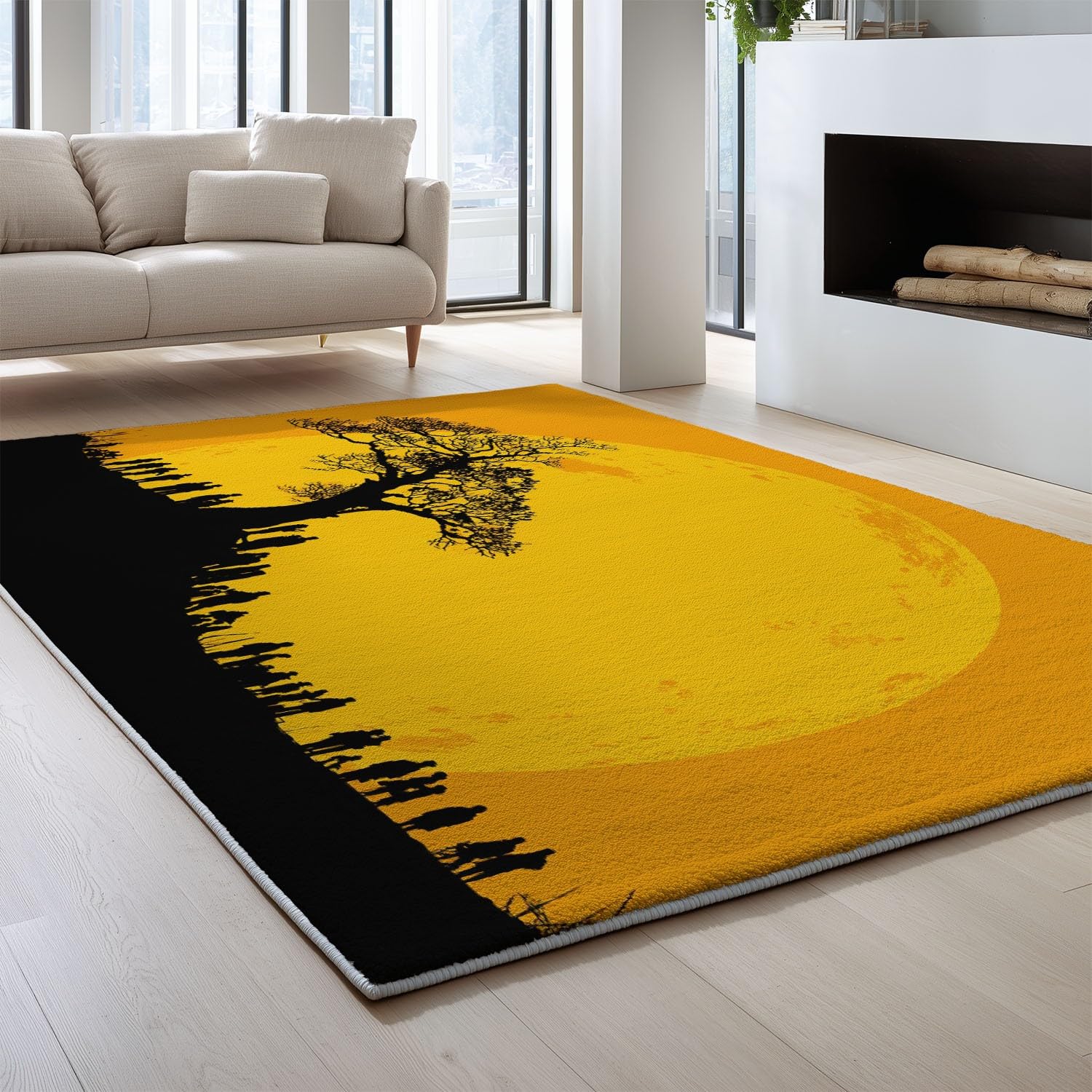 Générique Abstrait Moderne Doux Tapiss Silhouette Minimaliste Imprimé Tapis Lune Jaune Arbres Foule de Lavable Tapis de Antidérapant pour Salon Chambre Bureau 120 x 180 cm
