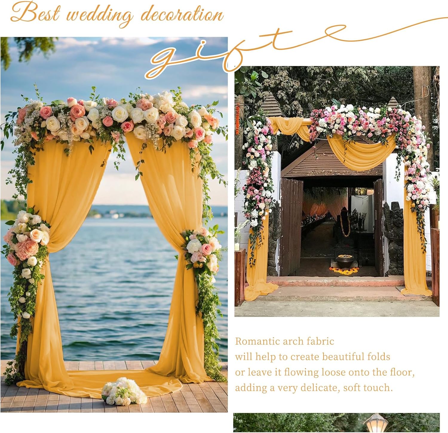 Wedding Arch Draping Fabric,4 Panels 28" x20ft Gold Wedding Arch Drapes for Ceremony Chiffon Fabric Drapes Arbor Drapery Decorations for Reception & Party