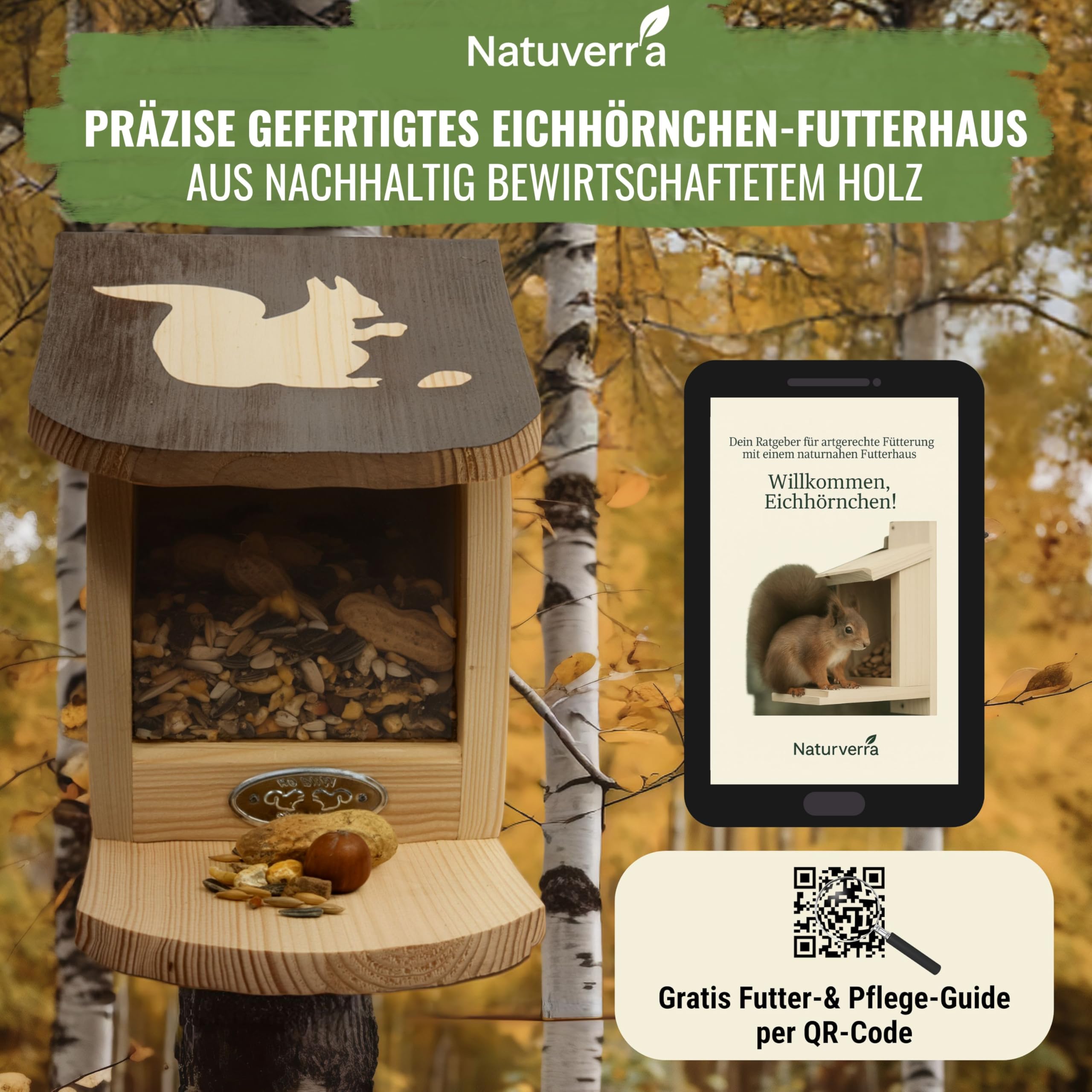 Eichhörnchen Futterhaus mit Dachmotiv - Eichhörnchen Haus und Futterhaus wetterfest - Unbehandelte Futterstation aus Kiefernholz - für Garten und Balkon