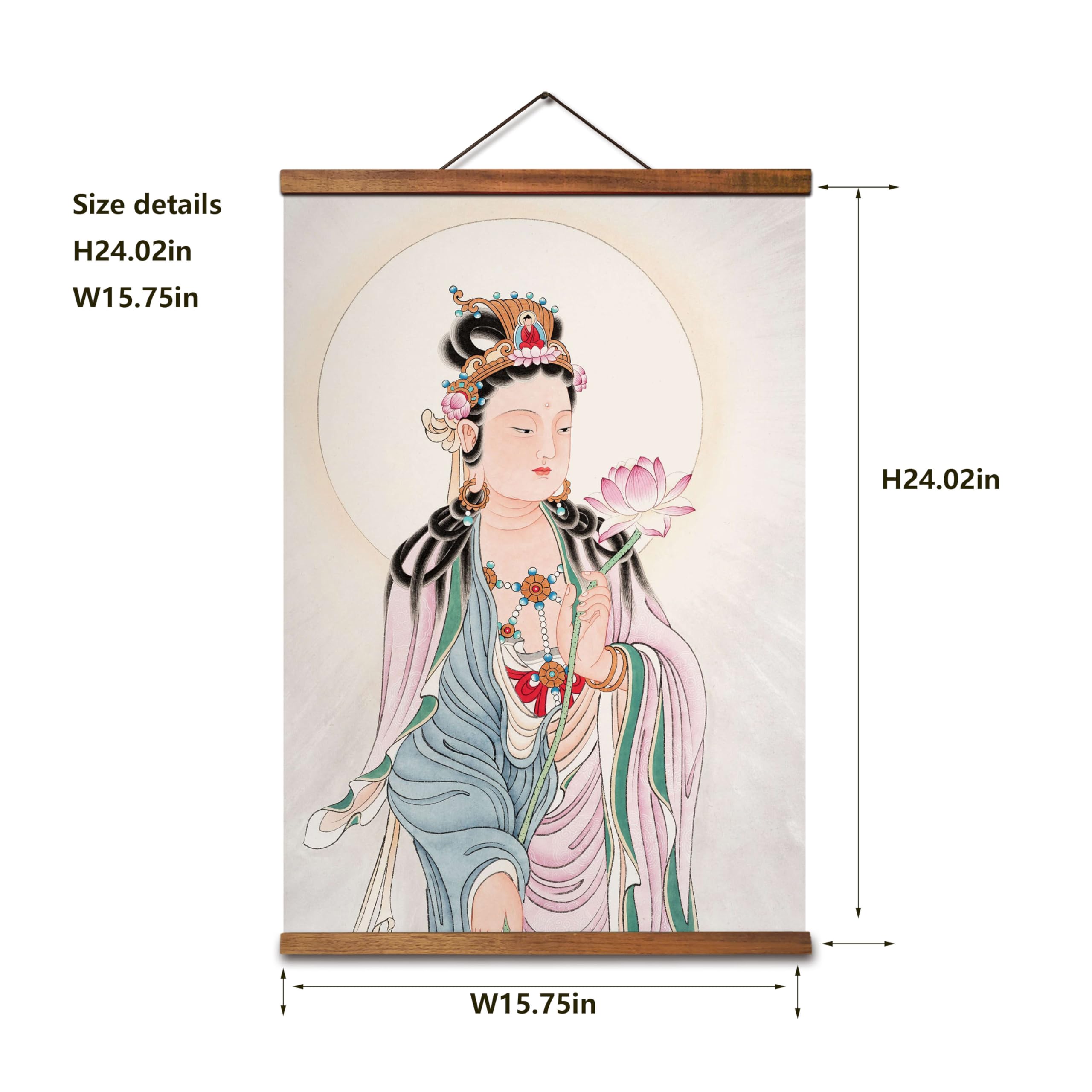 jszip Wall Hanging Scroll Painting artwork, Chinese Immortal Guanyin Bodhisattva Portrait, 24.02 x 15.75 inches, Black Walnut Wood Frame