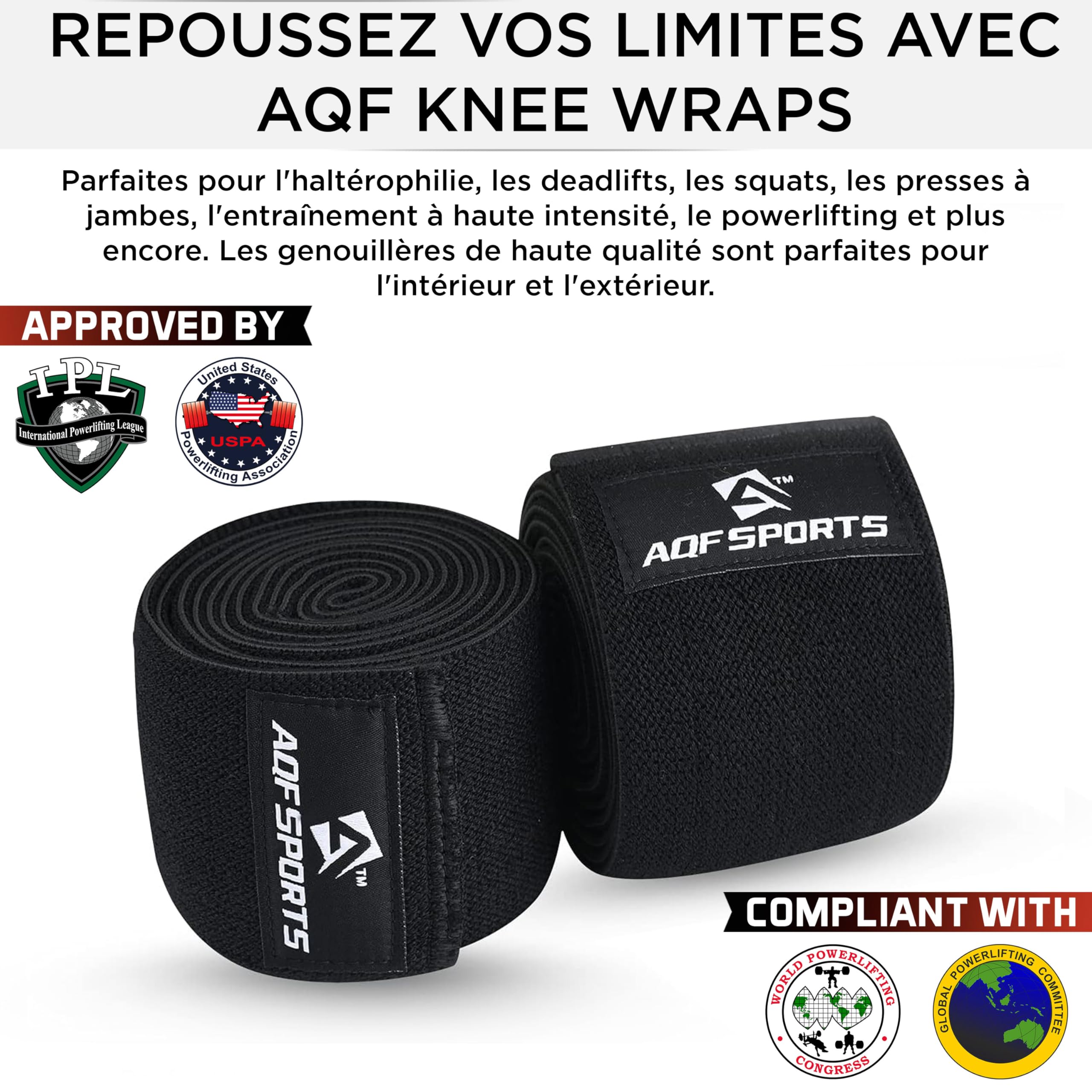 AQF Genouillère Bandage Musculation IPL USPA Approuvé Sangles de Genou Haltérophilie Elastique Sport Knee Wraps Attelle Protection Genoux Squat Entraînement